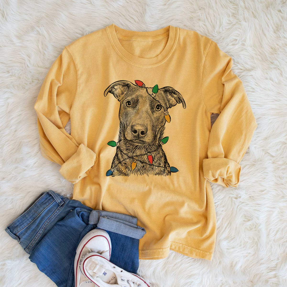 Christmas Lights Embyr the Mixed Breed - Heavyweight 100% Cotton Long Sleeve