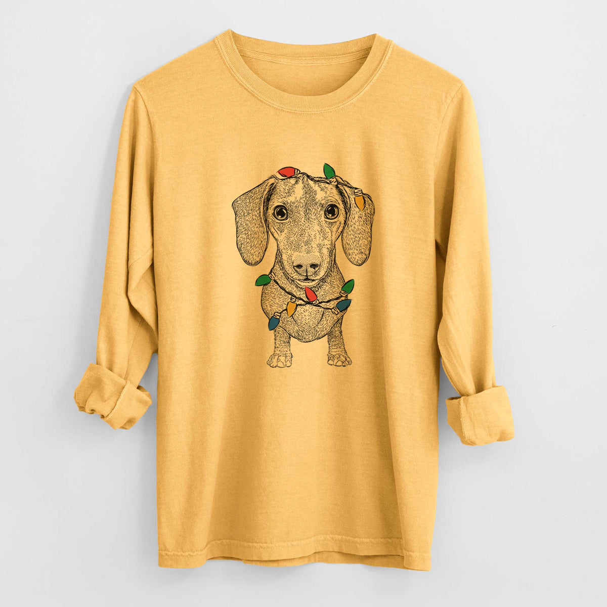 Christmas Lights Ernie the Mini Dachshund - Heavyweight 100% Cotton Long Sleeve
