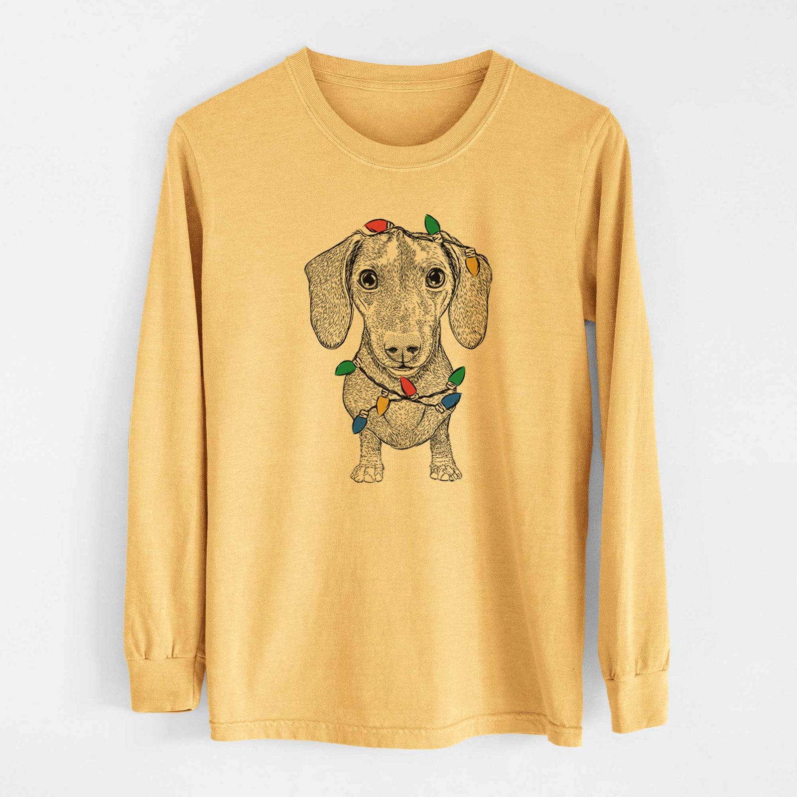 Christmas Lights Ernie the Mini Dachshund - Heavyweight 100% Cotton Long Sleeve