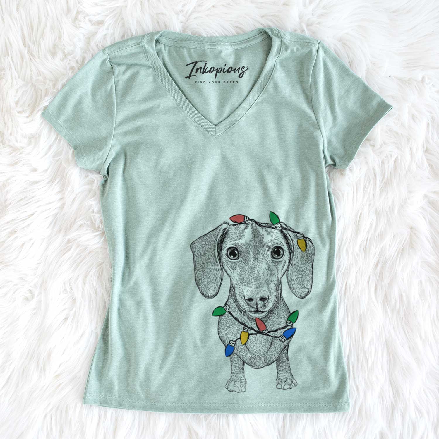 Christmas Lights Ernie the Mini Dachshund - Women's V-neck Shirt