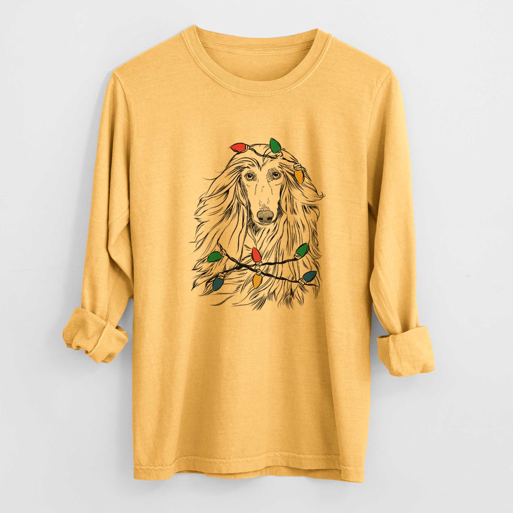 Christmas Lights Fabio the Afghan Hound - Heavyweight 100% Cotton Long Sleeve