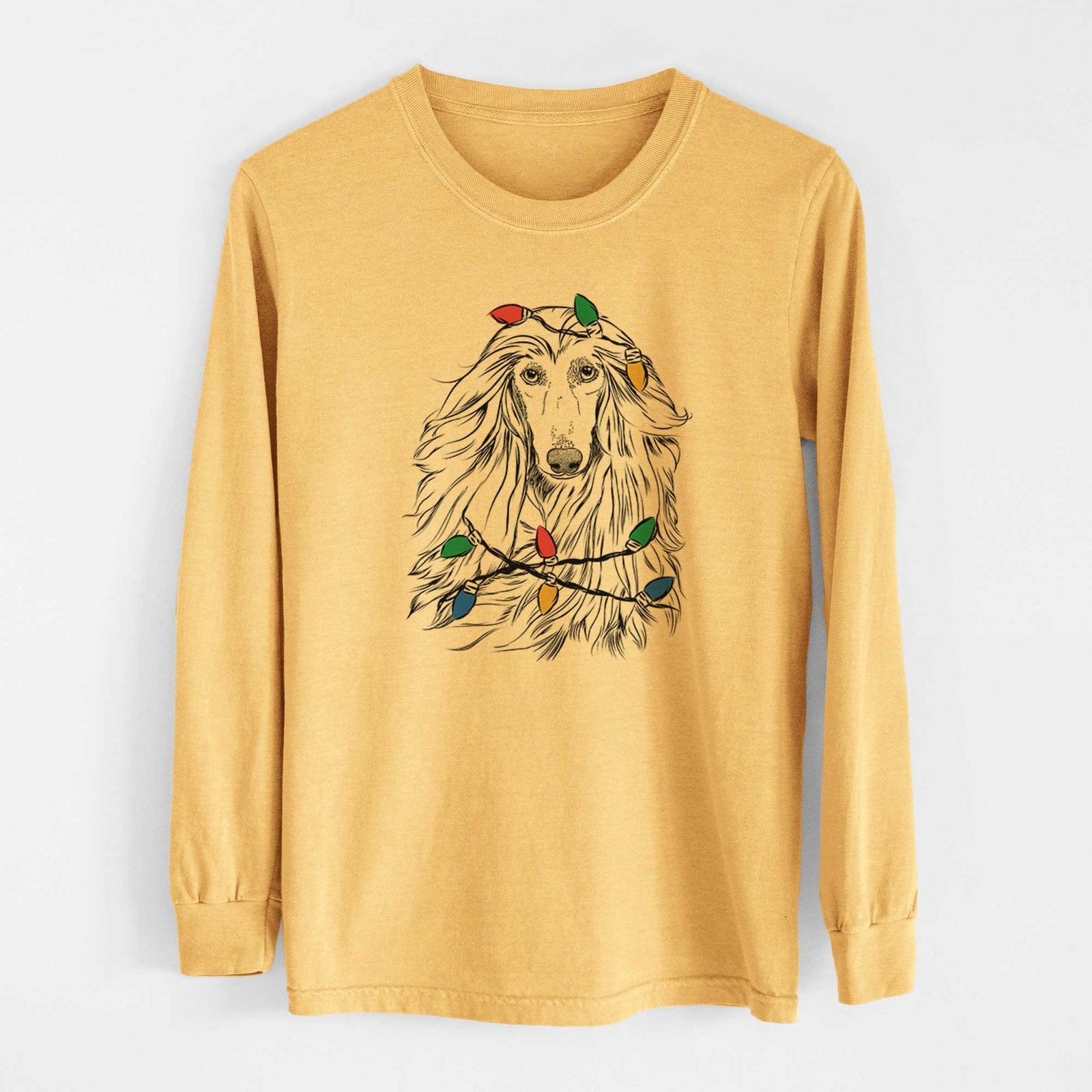 Christmas Lights Fabio the Afghan Hound - Heavyweight 100% Cotton Long Sleeve