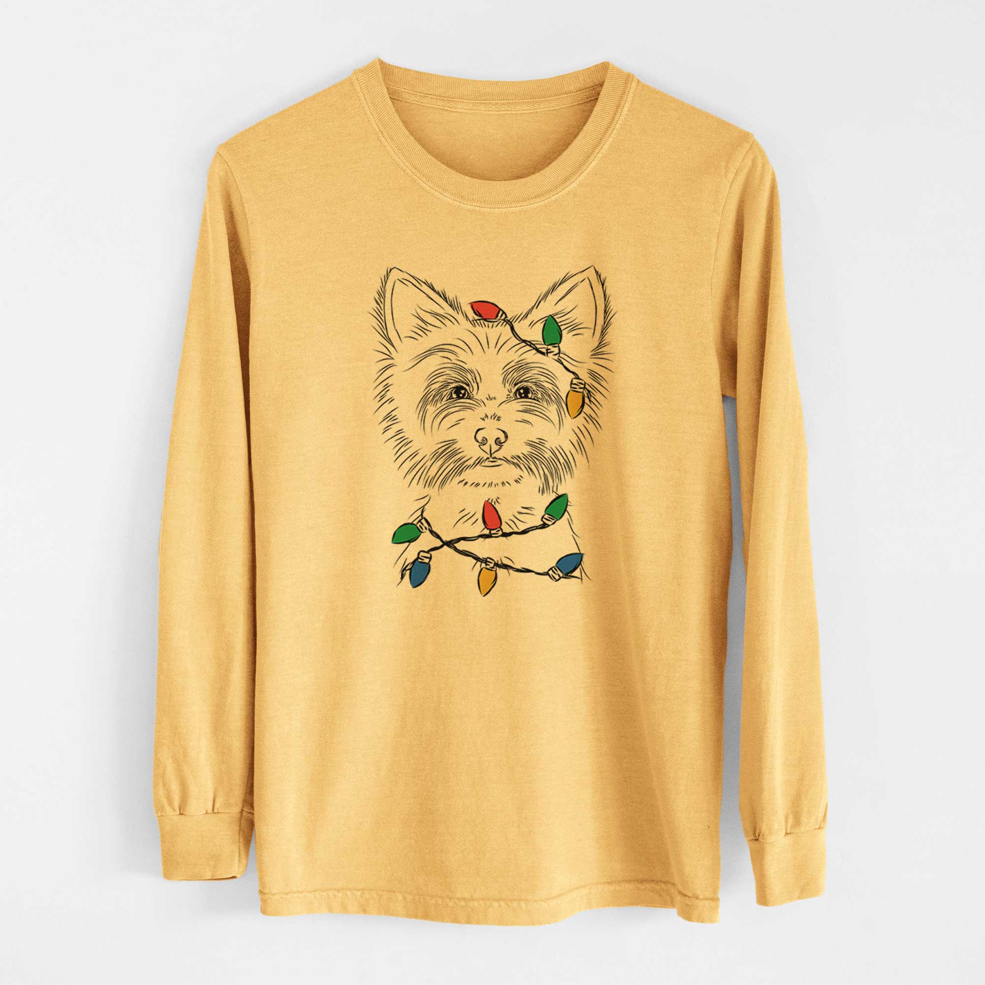 Christmas Lights Farva the Yorkshire Terrier - Heavyweight 100% Cotton Long Sleeve