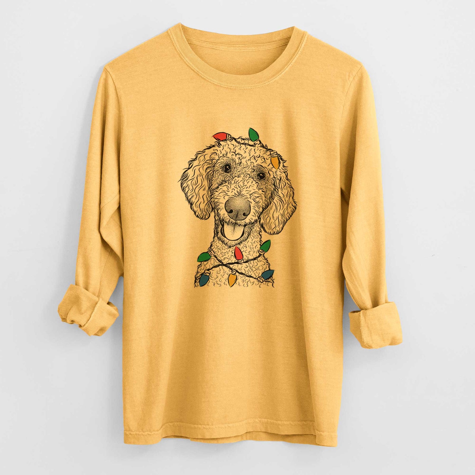 Christmas Lights Fenway the Goldendoodle - Heavyweight 100% Cotton Long Sleeve