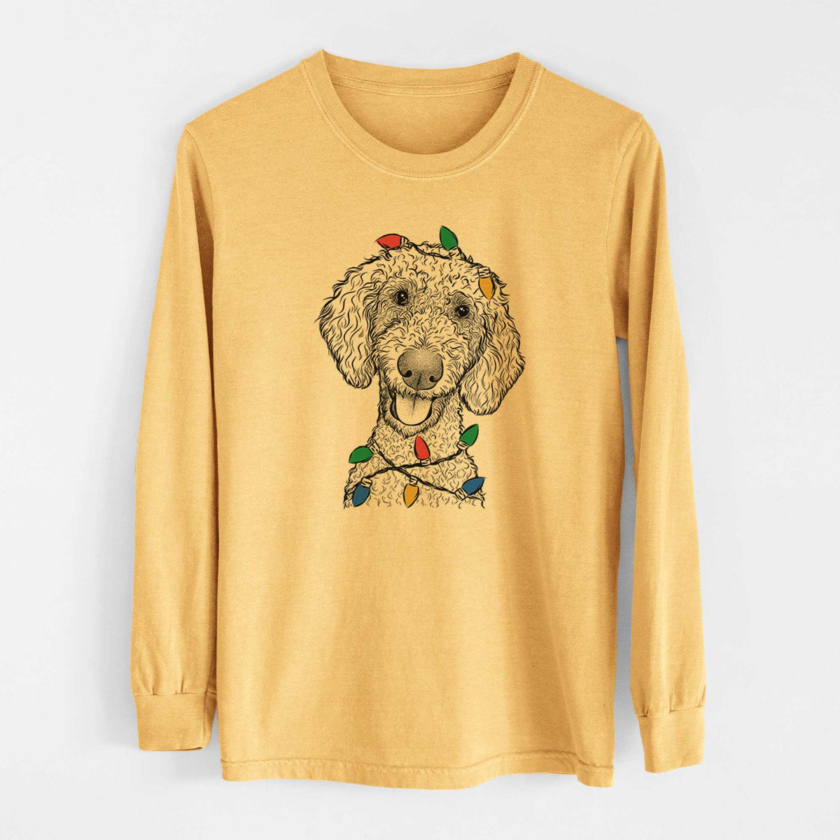 Christmas Lights Fenway the Goldendoodle - Heavyweight 100% Cotton Long Sleeve