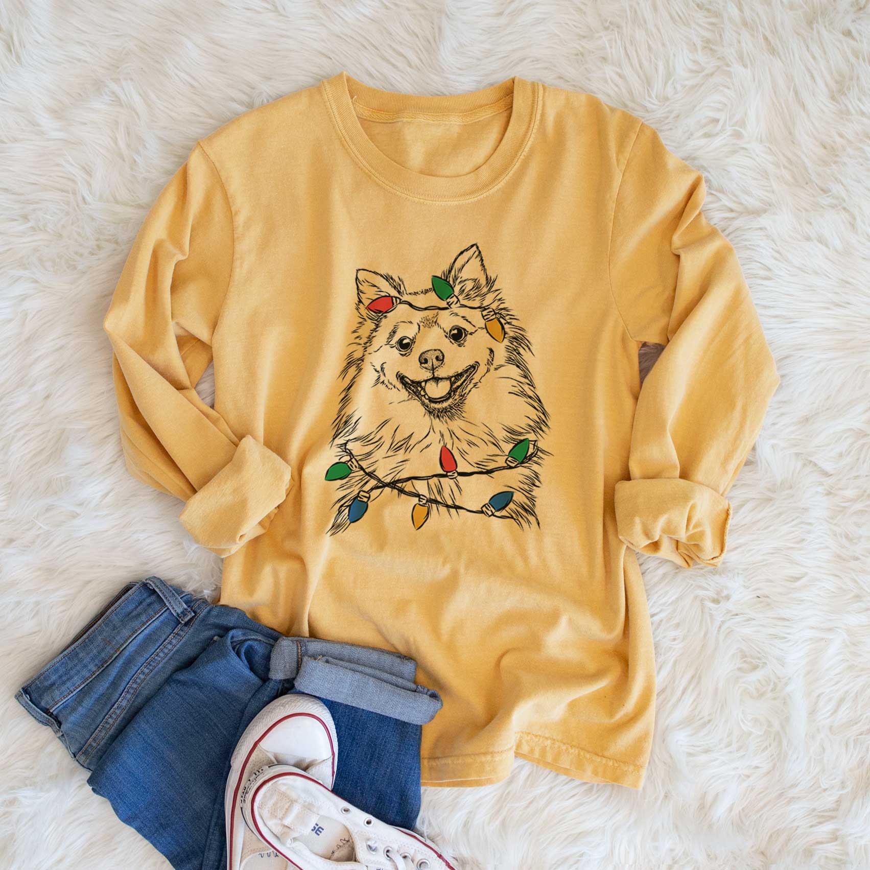 Christmas Lights Fibi the Spitz - Heavyweight 100% Cotton Long Sleeve