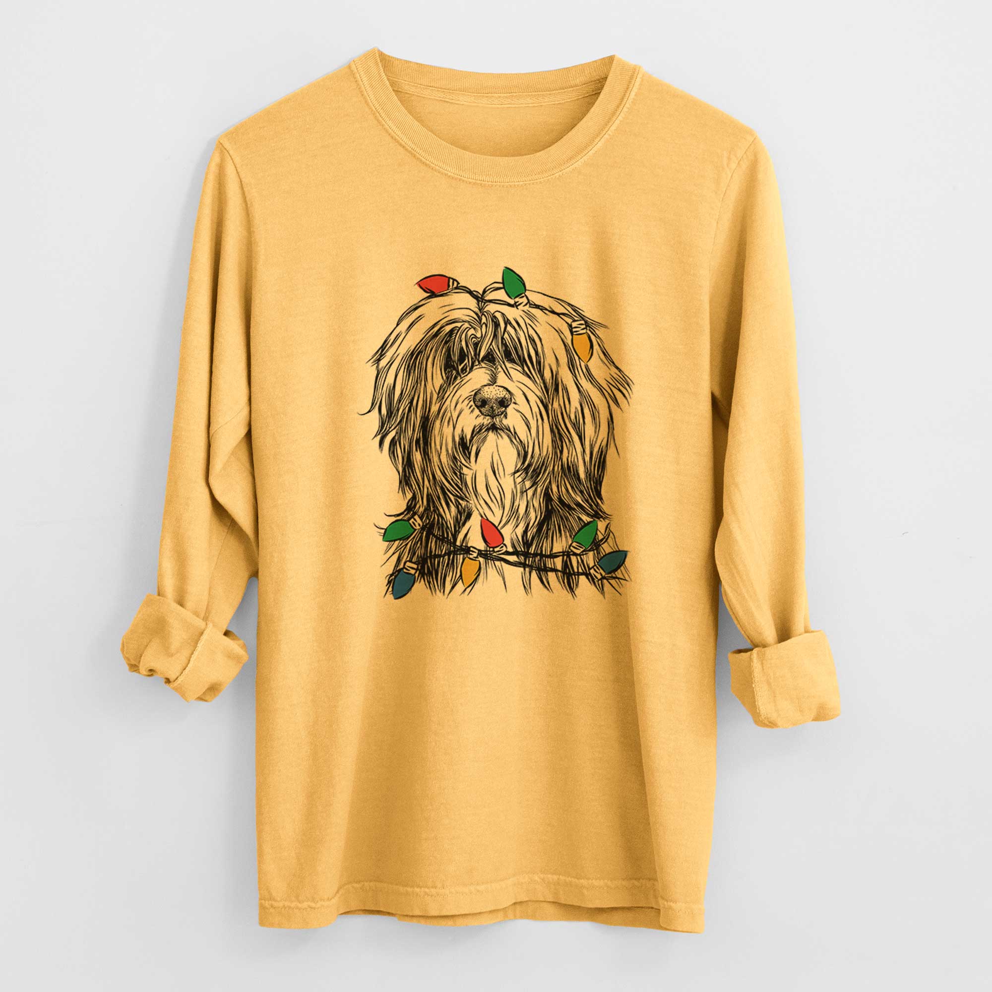 Christmas Lights Fiji the Polish Lowland Sheepdog - Heavyweight 100% Cotton Long Sleeve