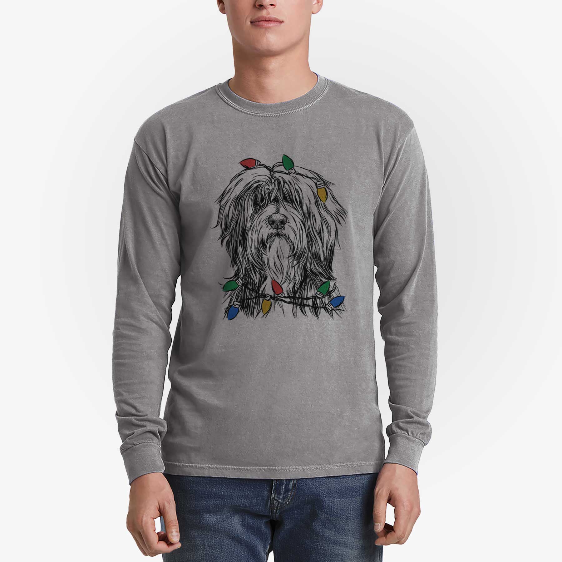 Christmas Lights Fiji the Polish Lowland Sheepdog - Heavyweight 100% Cotton Long Sleeve