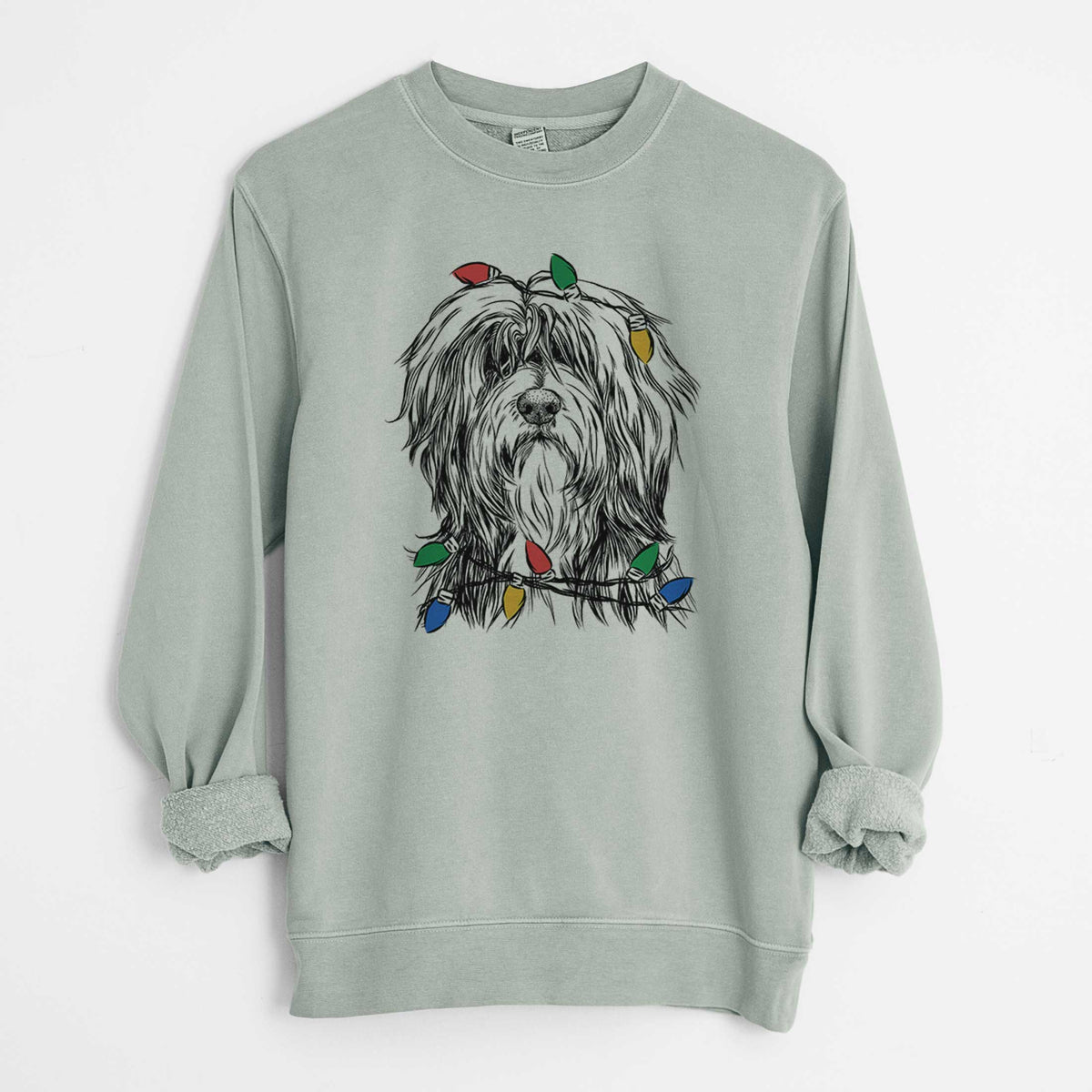 Christmas Lights Fiji the Polish Lowland Sheepdog - Unisex Pigment Dyed Crew Sweatshirt