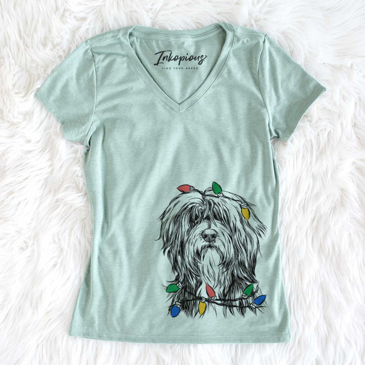 Christmas Lights Fiji the Polish Lowland Sheepdog - Women&#39;s V-neck Shirt