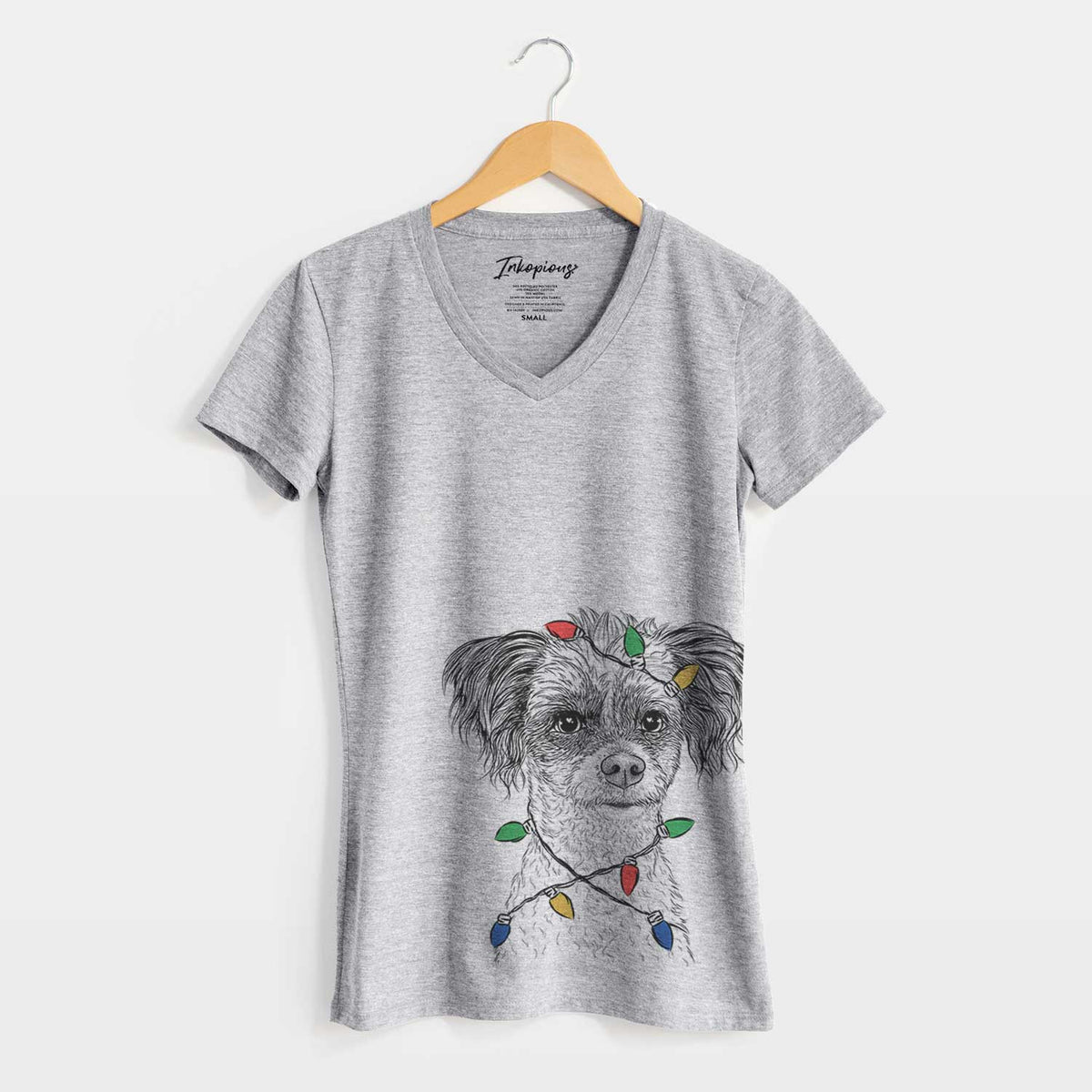 Christmas Lights Finley the Papillon Mix - Women's V-neck Shirt