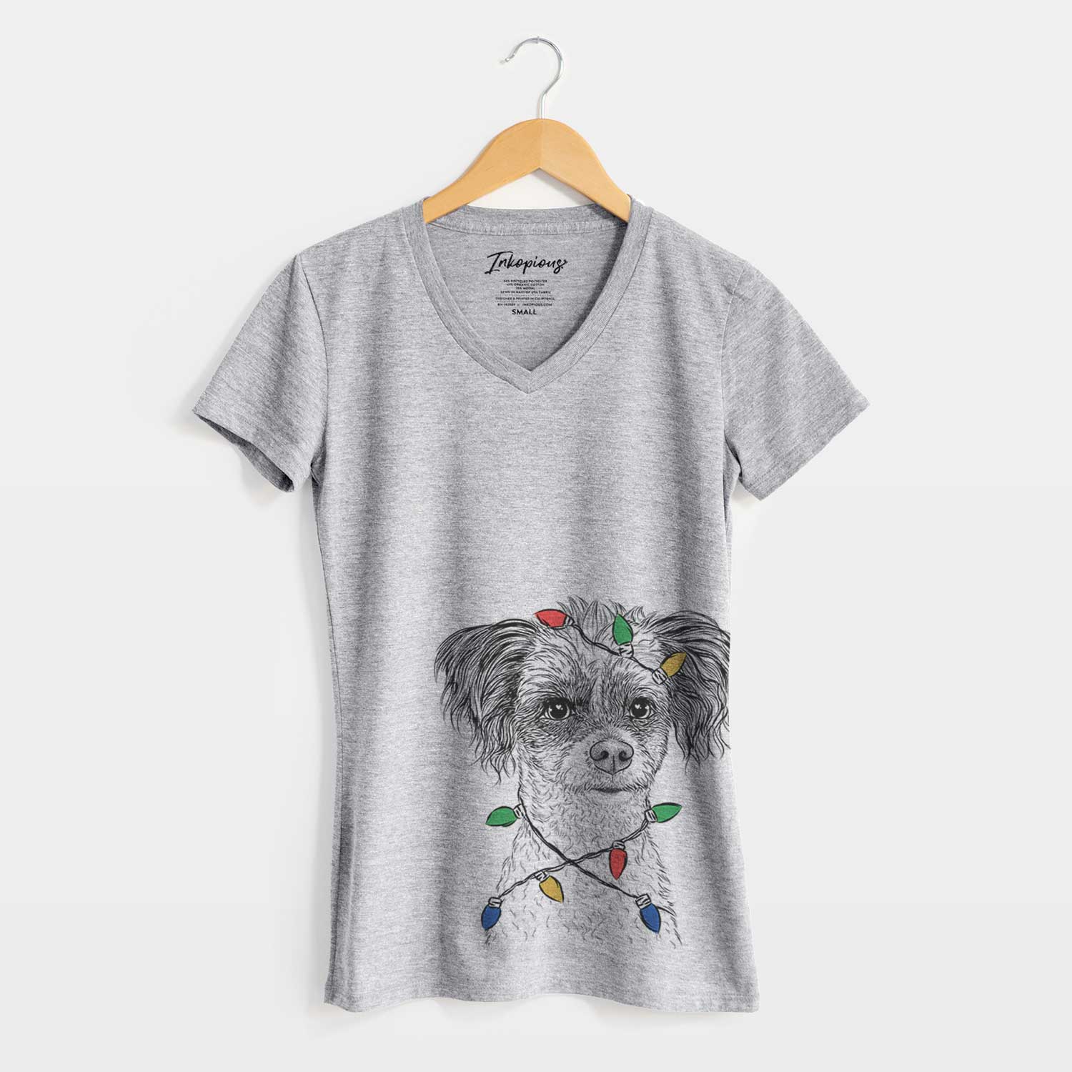 Christmas Lights Finley the Papillon Mix - Women's V-neck Shirt