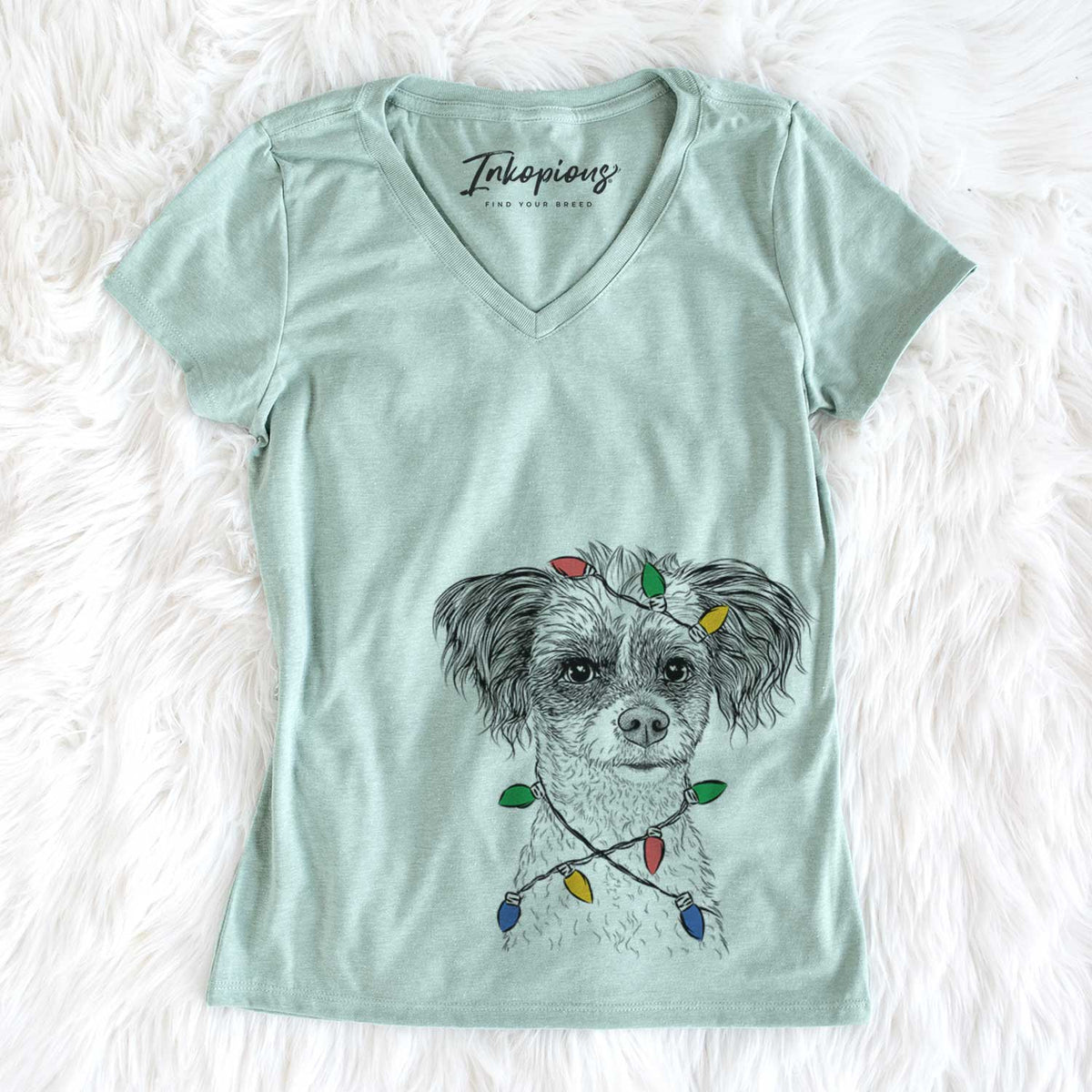 Christmas Lights Finley the Papillon Mix - Women&#39;s V-neck Shirt