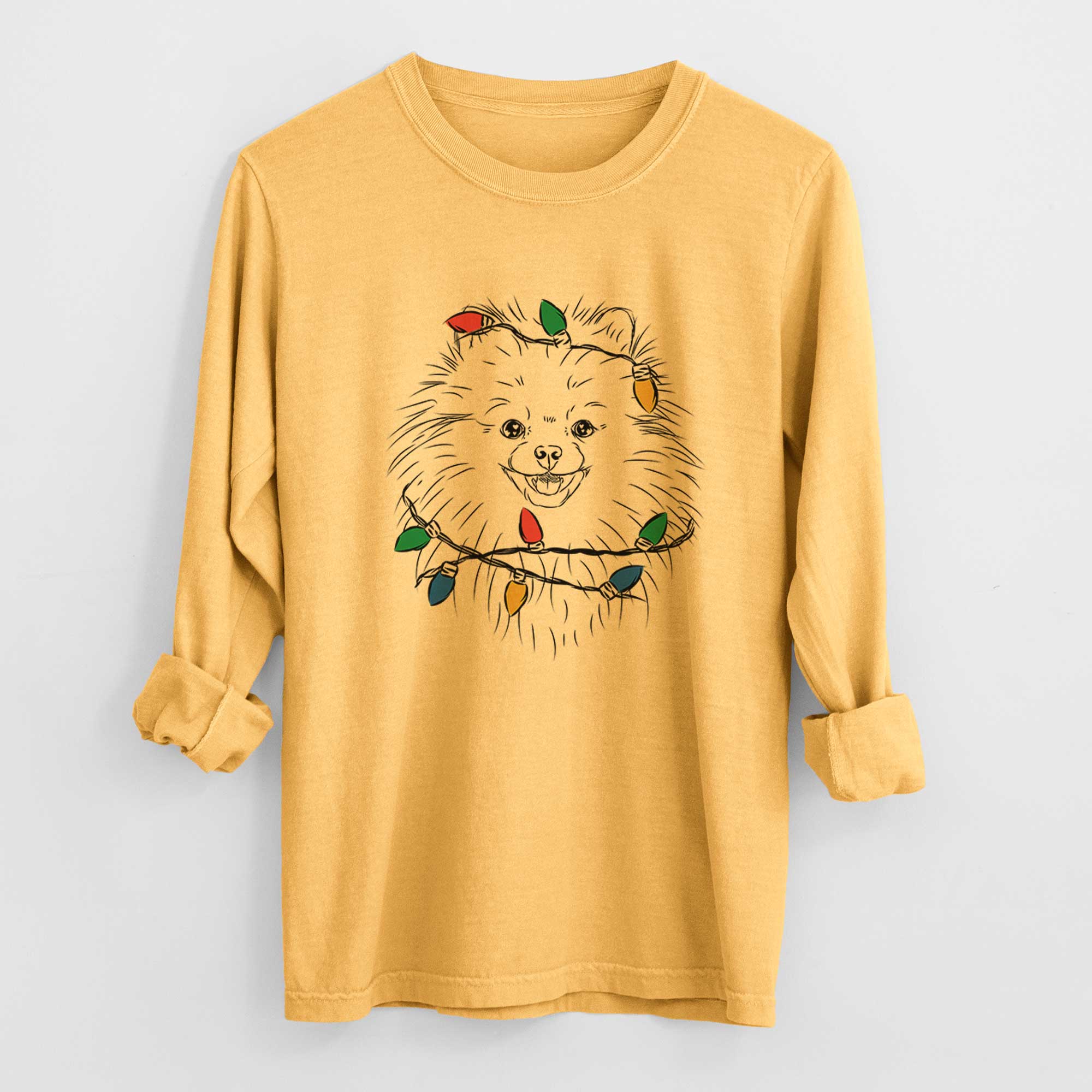 Christmas Lights Finn the Pomeranian - Heavyweight 100% Cotton Long Sleeve