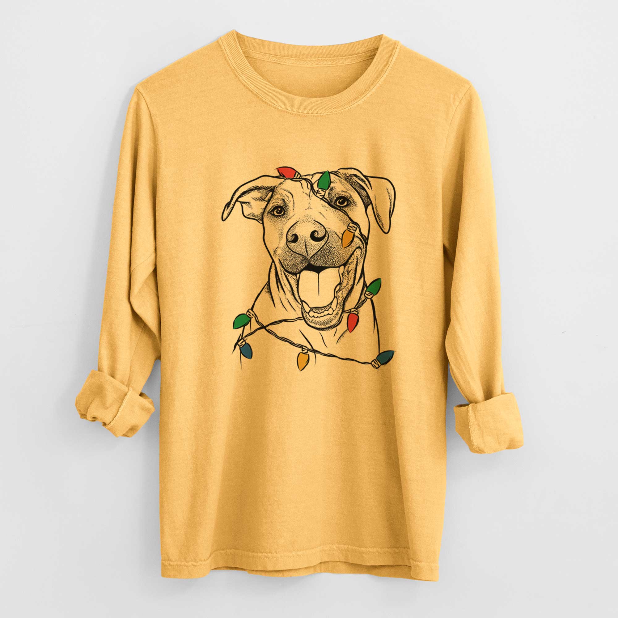 Christmas Lights Finn the Hound Mix - Heavyweight 100% Cotton Long Sleeve