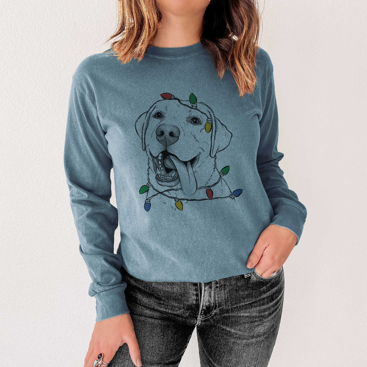 Christmas Lights Finn the Labrador Retriever - Heavyweight 100% Cotton Long Sleeve