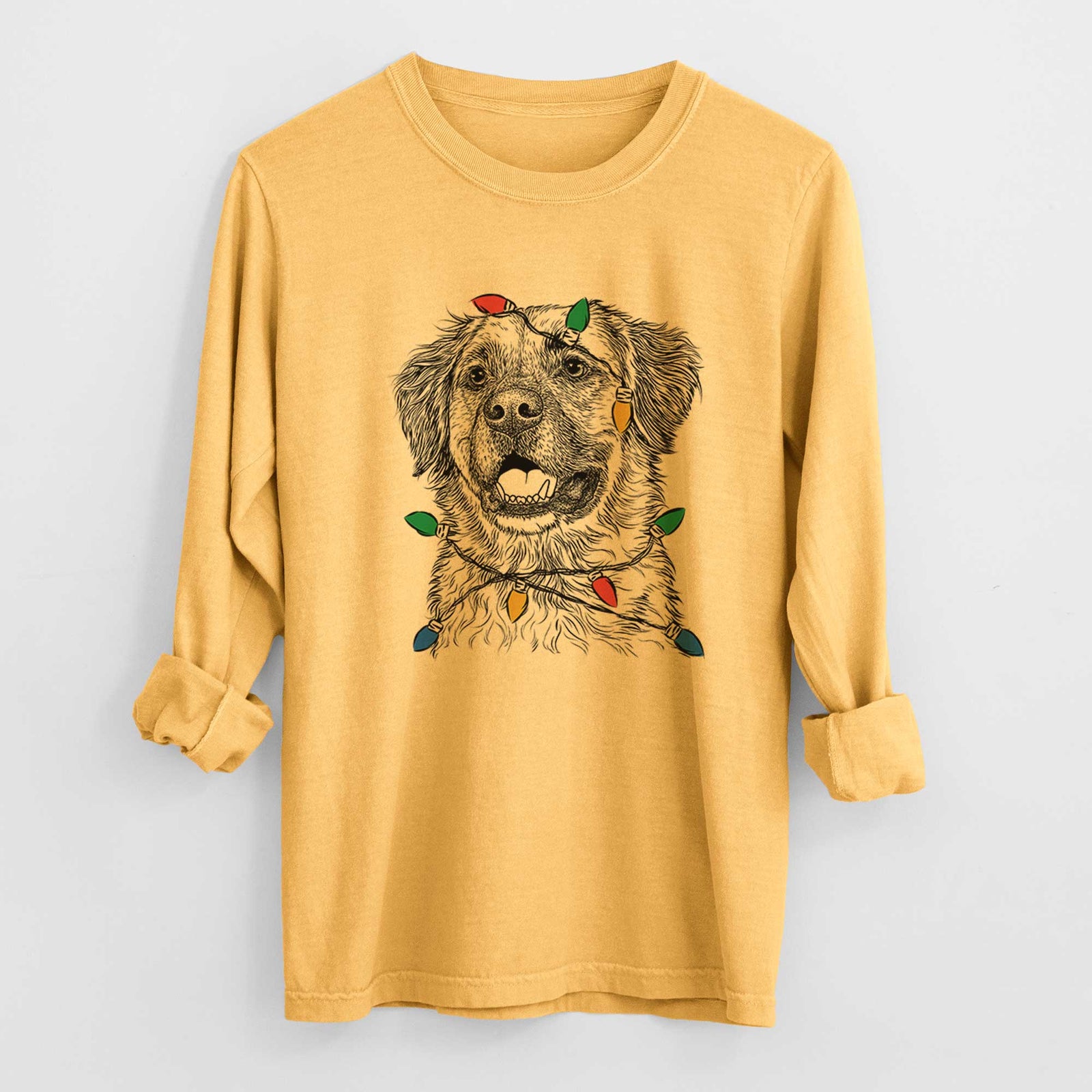 Christmas Lights Finn the Mixed Breed - Heavyweight 100% Cotton Long Sleeve