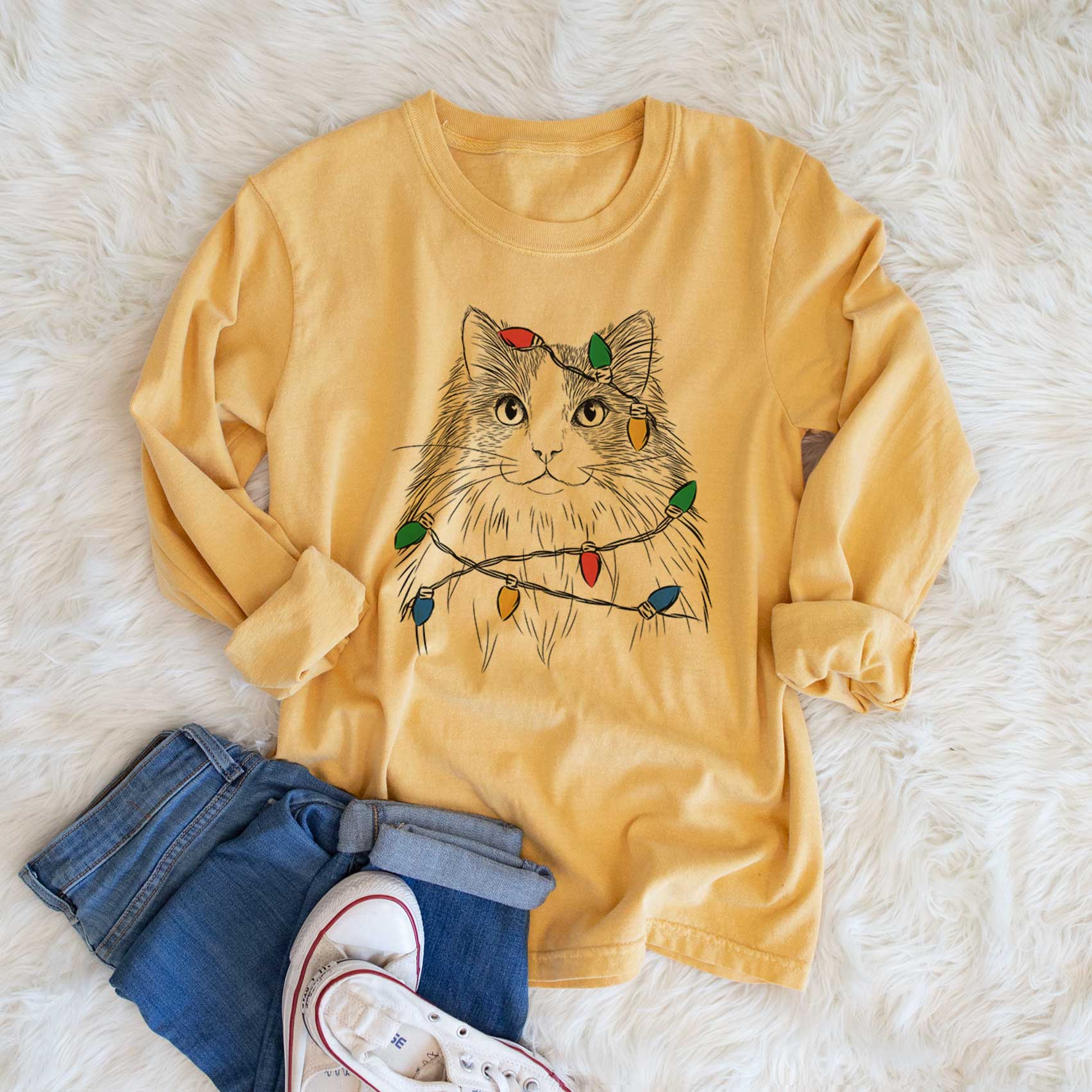 Christmas Lights Fiona the Ragdoll Cat - Heavyweight 100% Cotton Long Sleeve