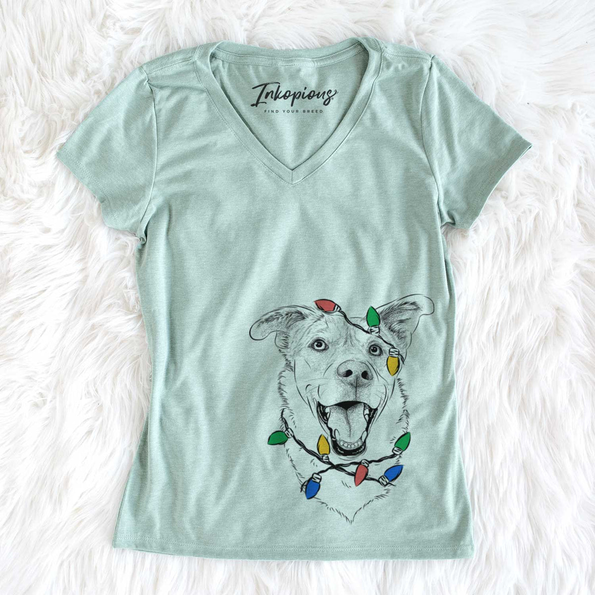 Christmas Lights Fira the Saint Bernard Husky Mix - Women&#39;s V-neck Shirt