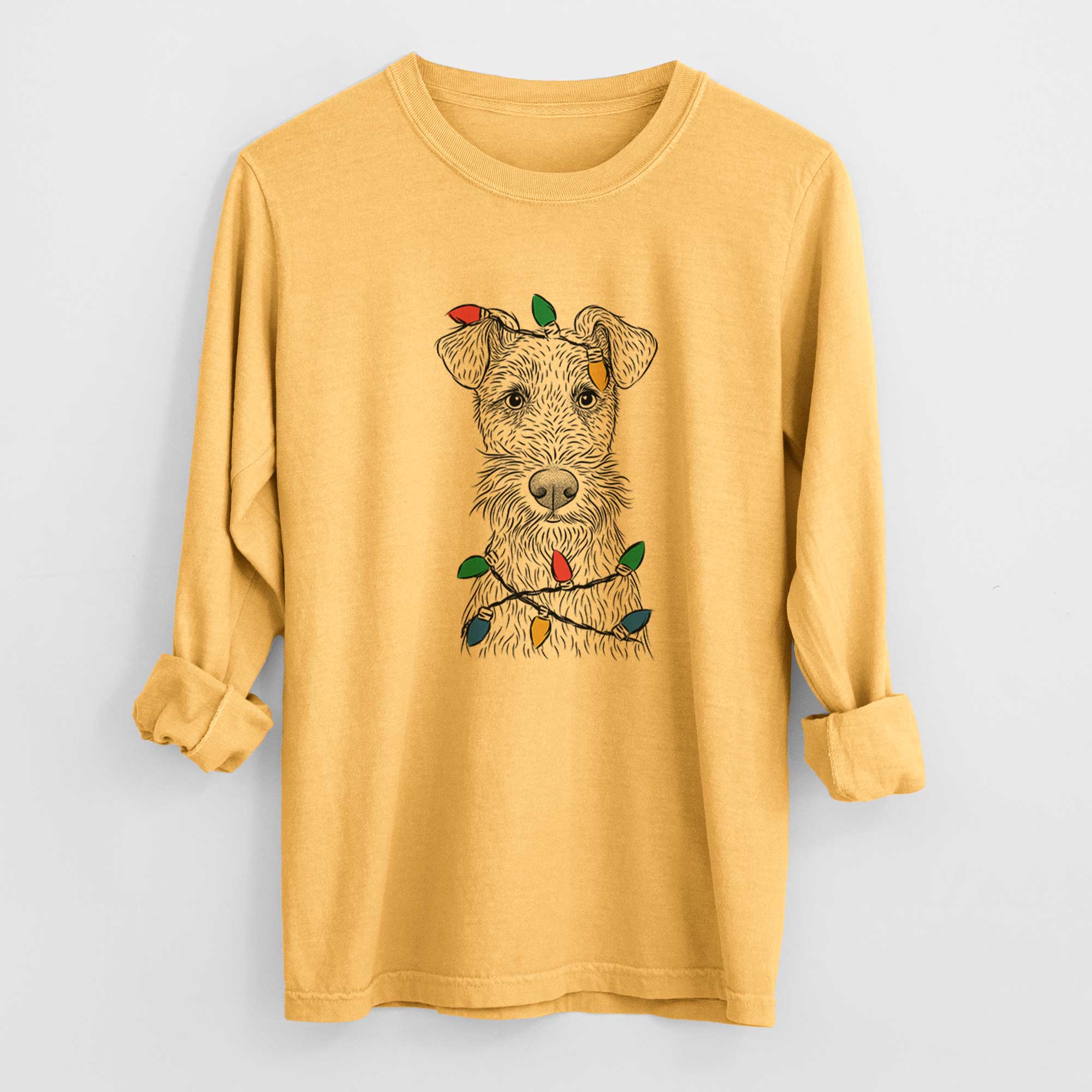 Christmas Lights Fitz the Wire Fox Terrier - Heavyweight 100% Cotton Long Sleeve