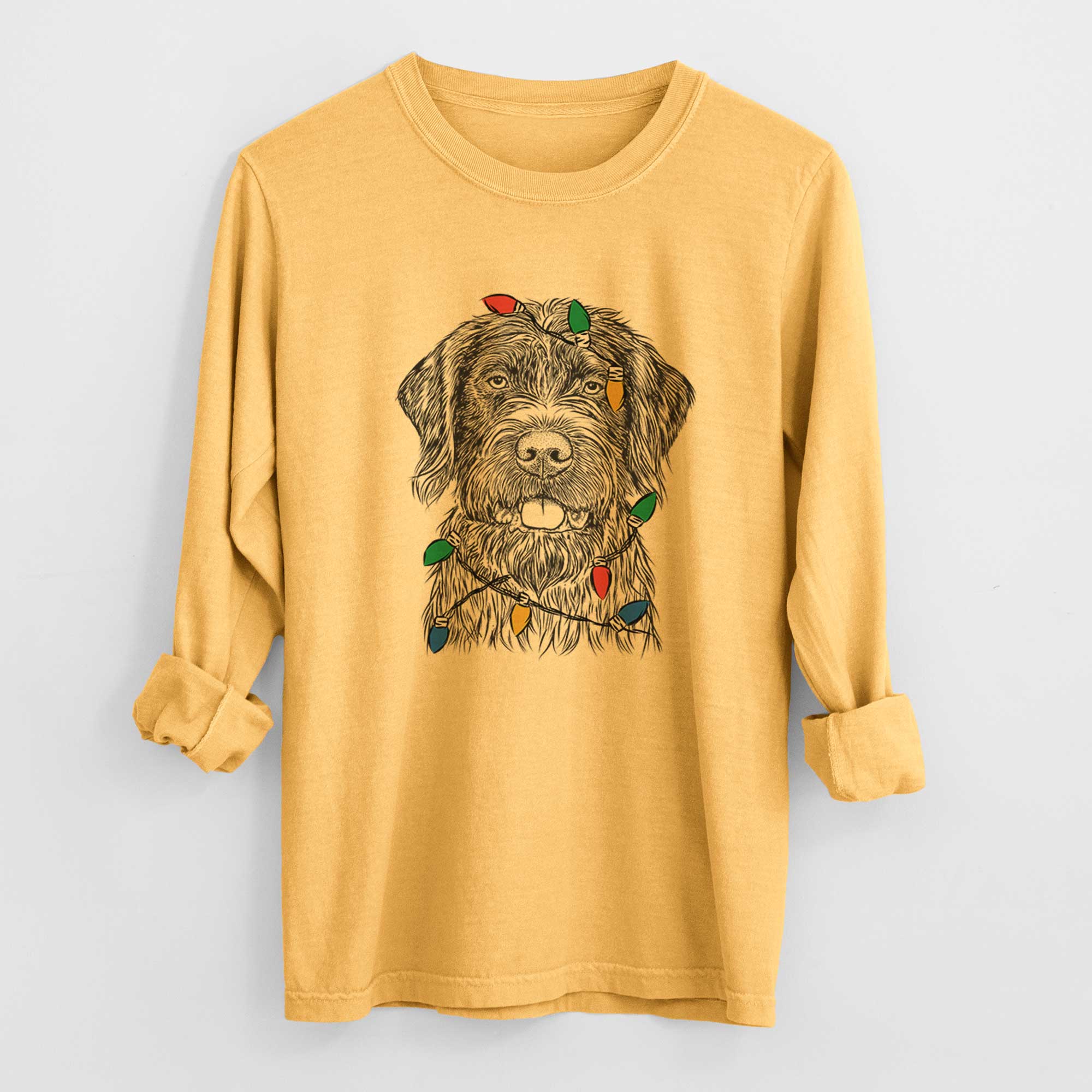 Christmas Lights Fletcher the Wirehaired Pointing Griffon - Heavyweight 100% Cotton Long Sleeve