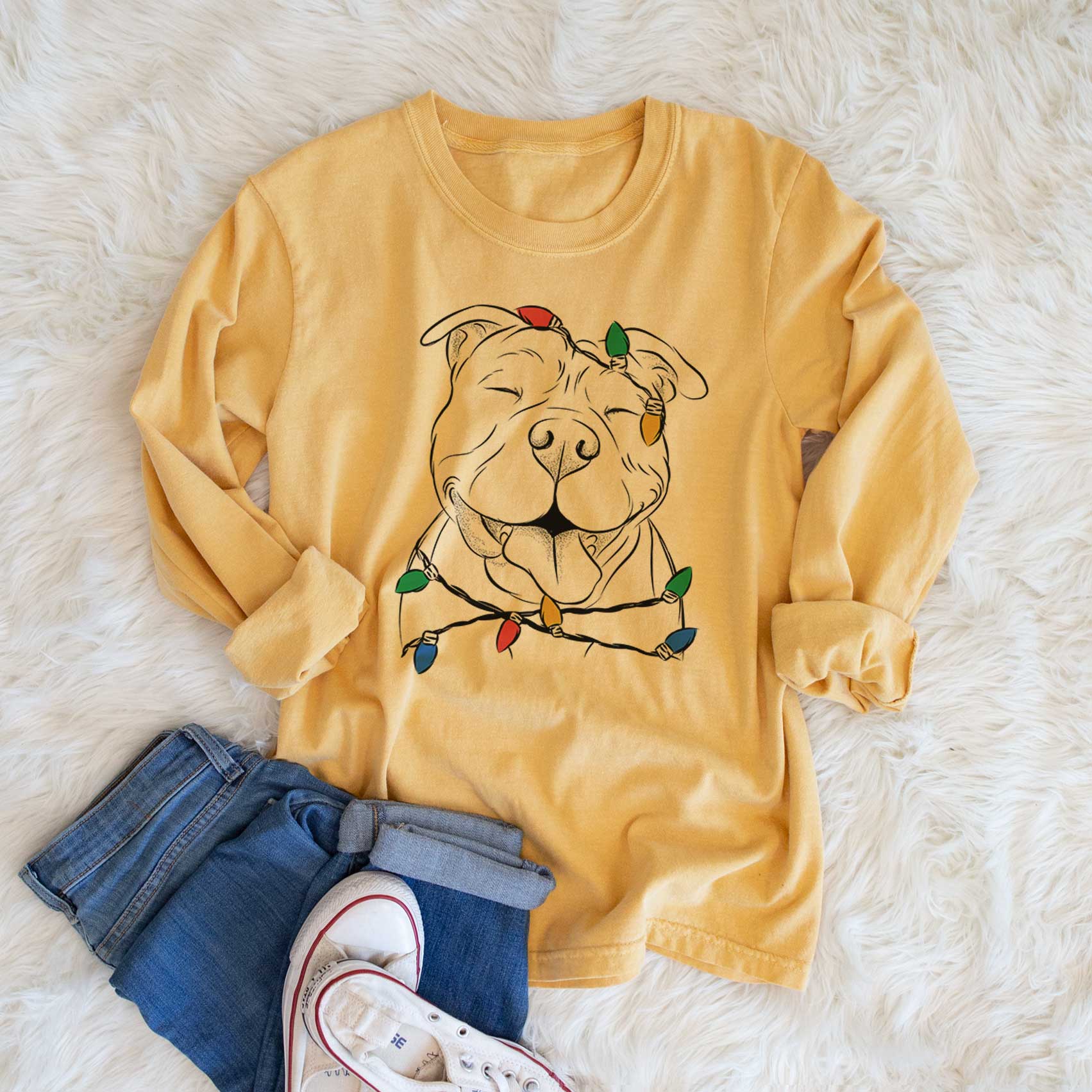 Christmas Lights Floki the American Bully - Heavyweight 100% Cotton Long Sleeve