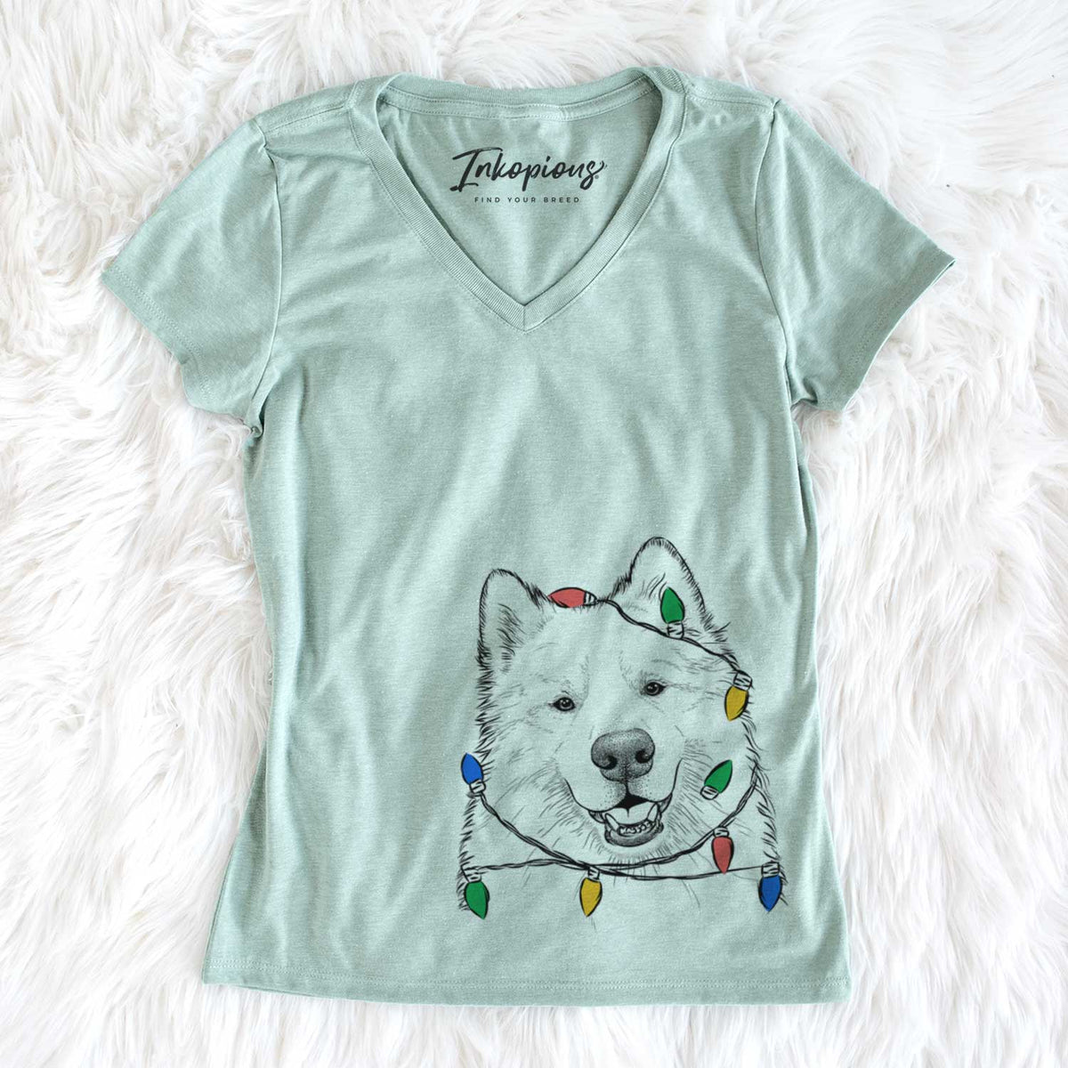 Christmas Lights Foster the Samoyed - Women&#39;s V-neck Shirt