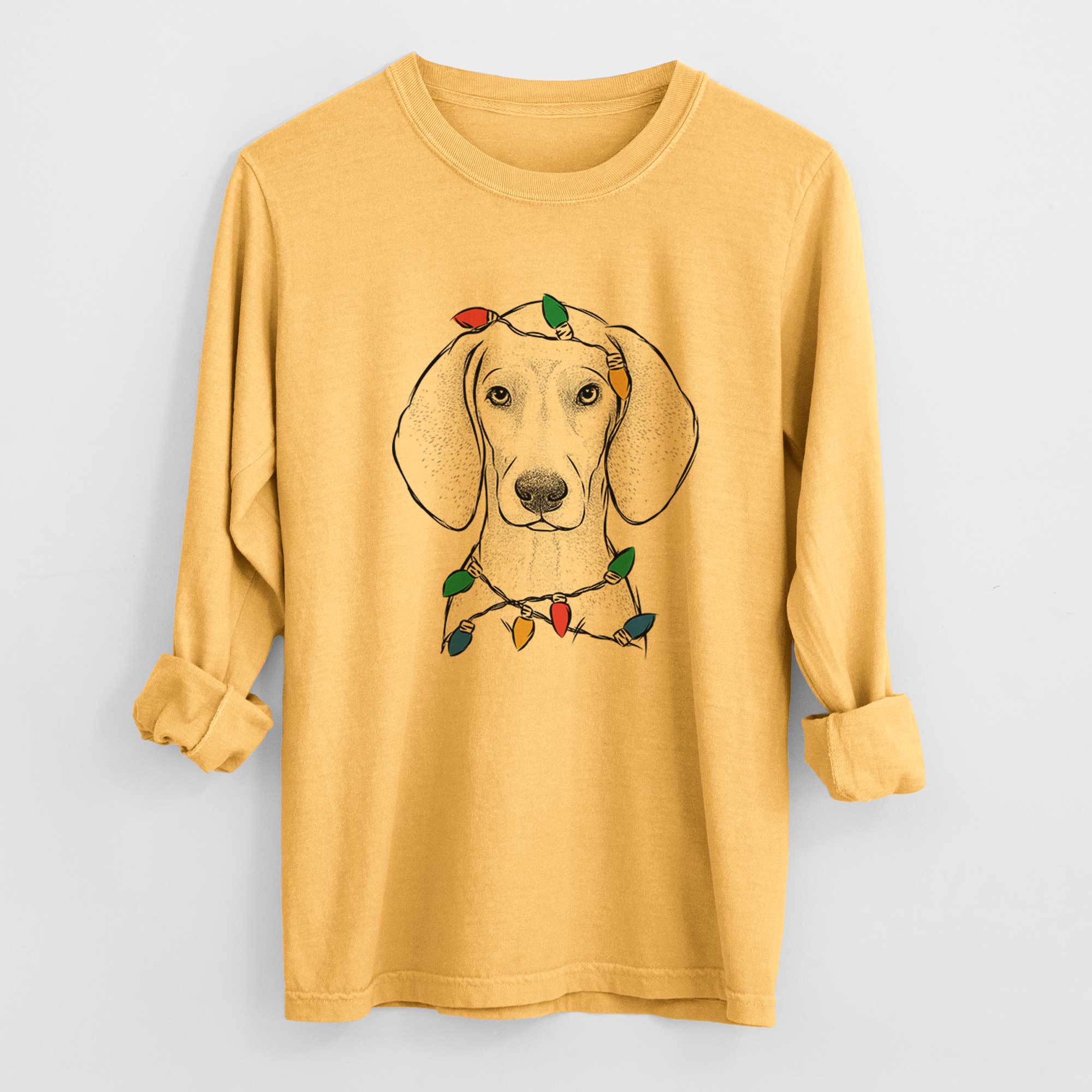 Christmas Lights Frejya the Weimaraner - Heavyweight 100% Cotton Long Sleeve