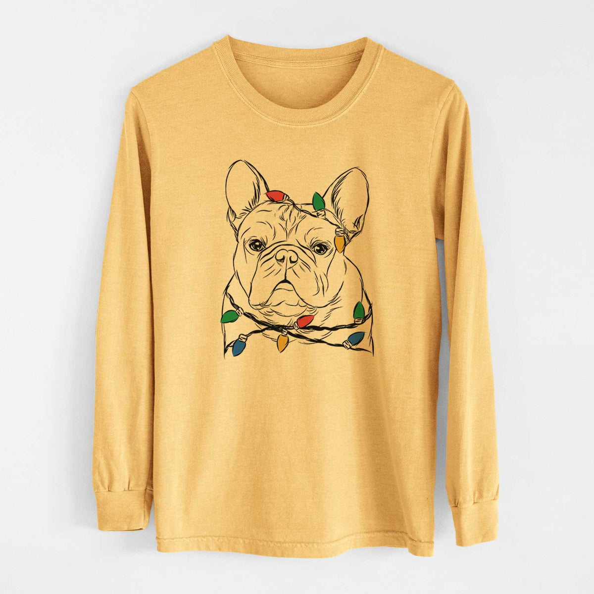 Christmas Lights Fudge the French Bulldog - Heavyweight 100% Cotton Long Sleeve