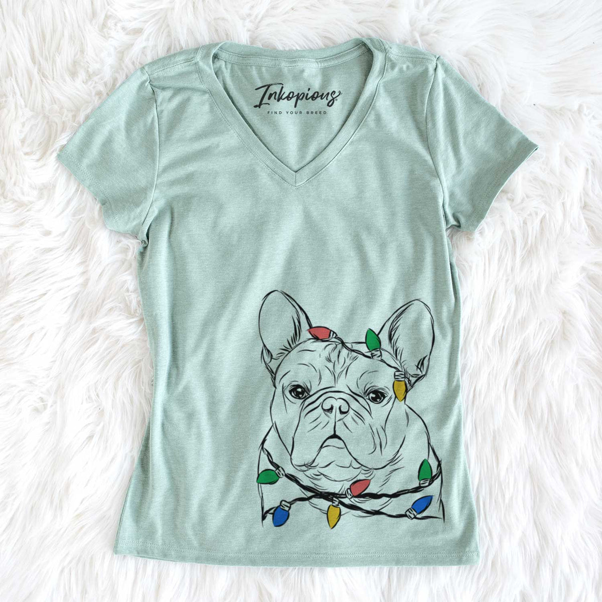 Christmas Lights Fudge the French Bulldog - Women&#39;s V-neck Shirt