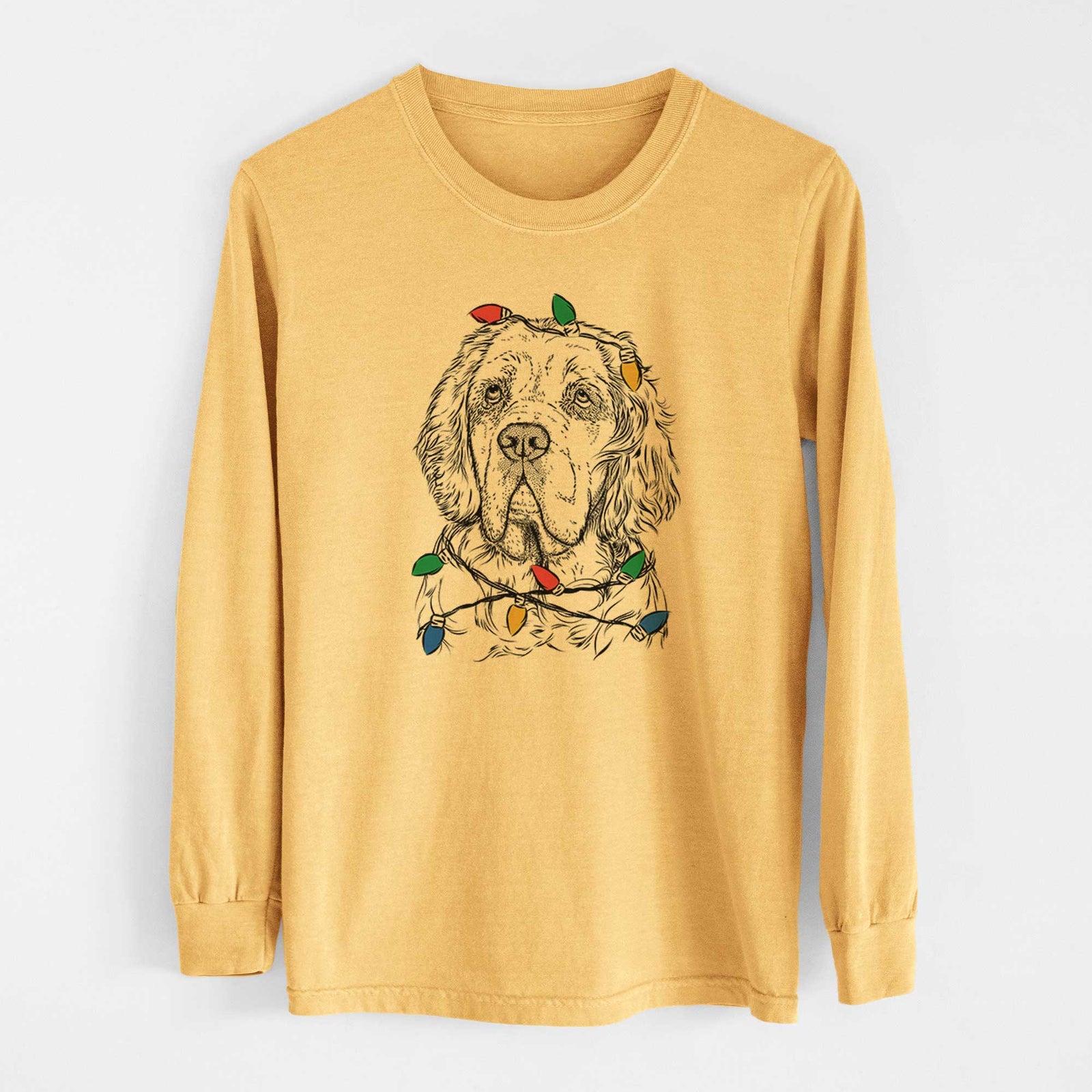 Christmas Lights Gary the Clumber Spaniel - Heavyweight 100% Cotton Long Sleeve