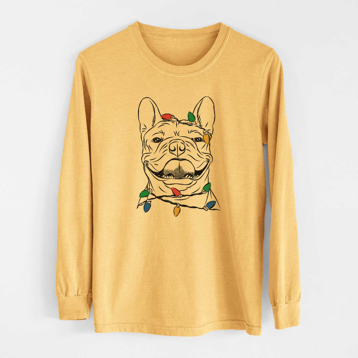Christmas Lights Gaston the French Bulldog - Heavyweight 100% Cotton Long Sleeve