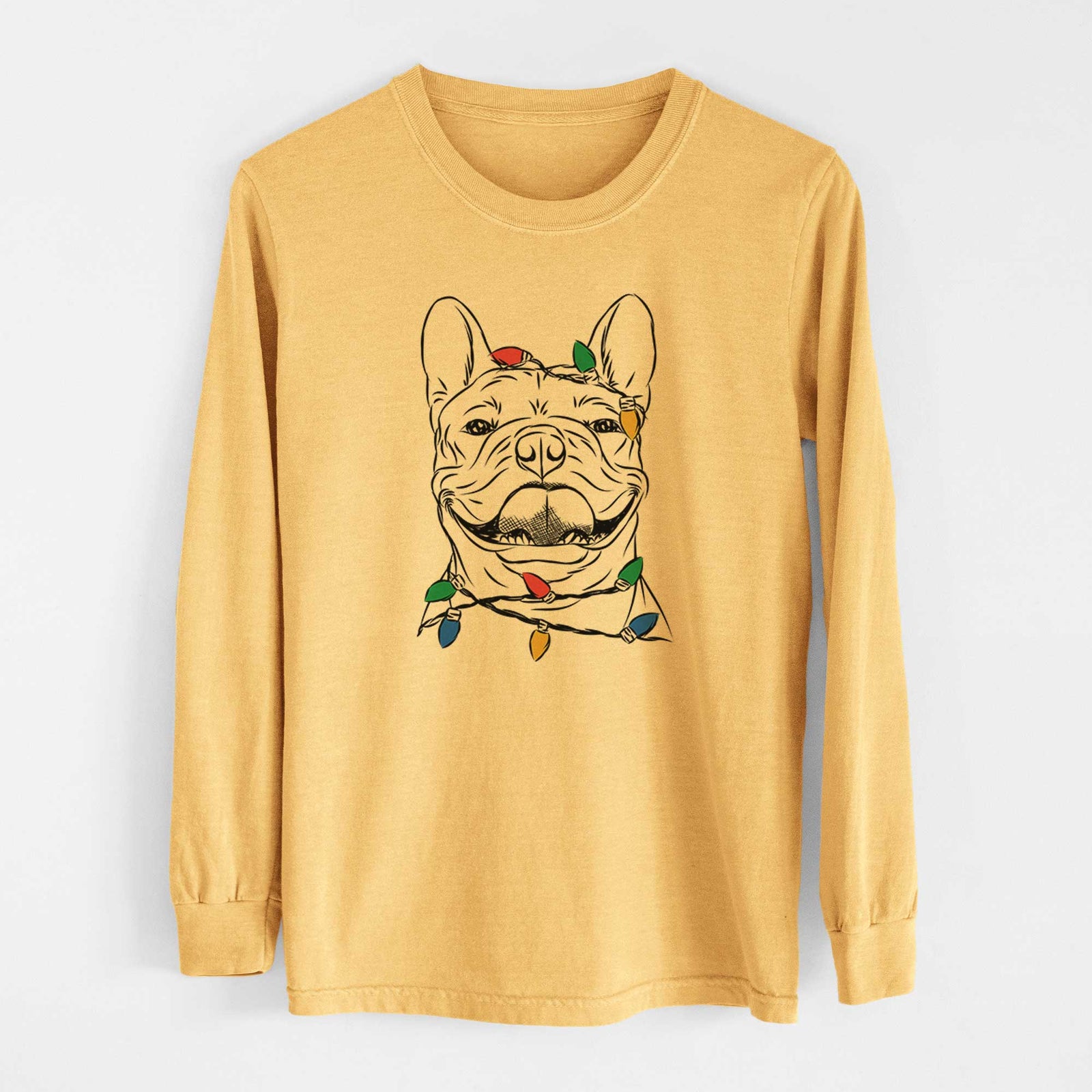 Christmas Lights Gaston the French Bulldog - Heavyweight 100% Cotton Long Sleeve