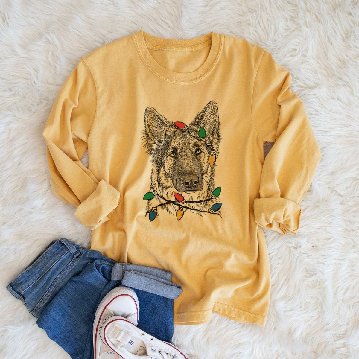 Christmas Lights Geddy the Shiloh Shepherd - Heavyweight 100% Cotton Long Sleeve