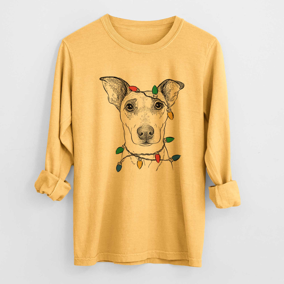 Christmas Lights Georgie Rat the Terrier Mix - Heavyweight 100% Cotton Long Sleeve