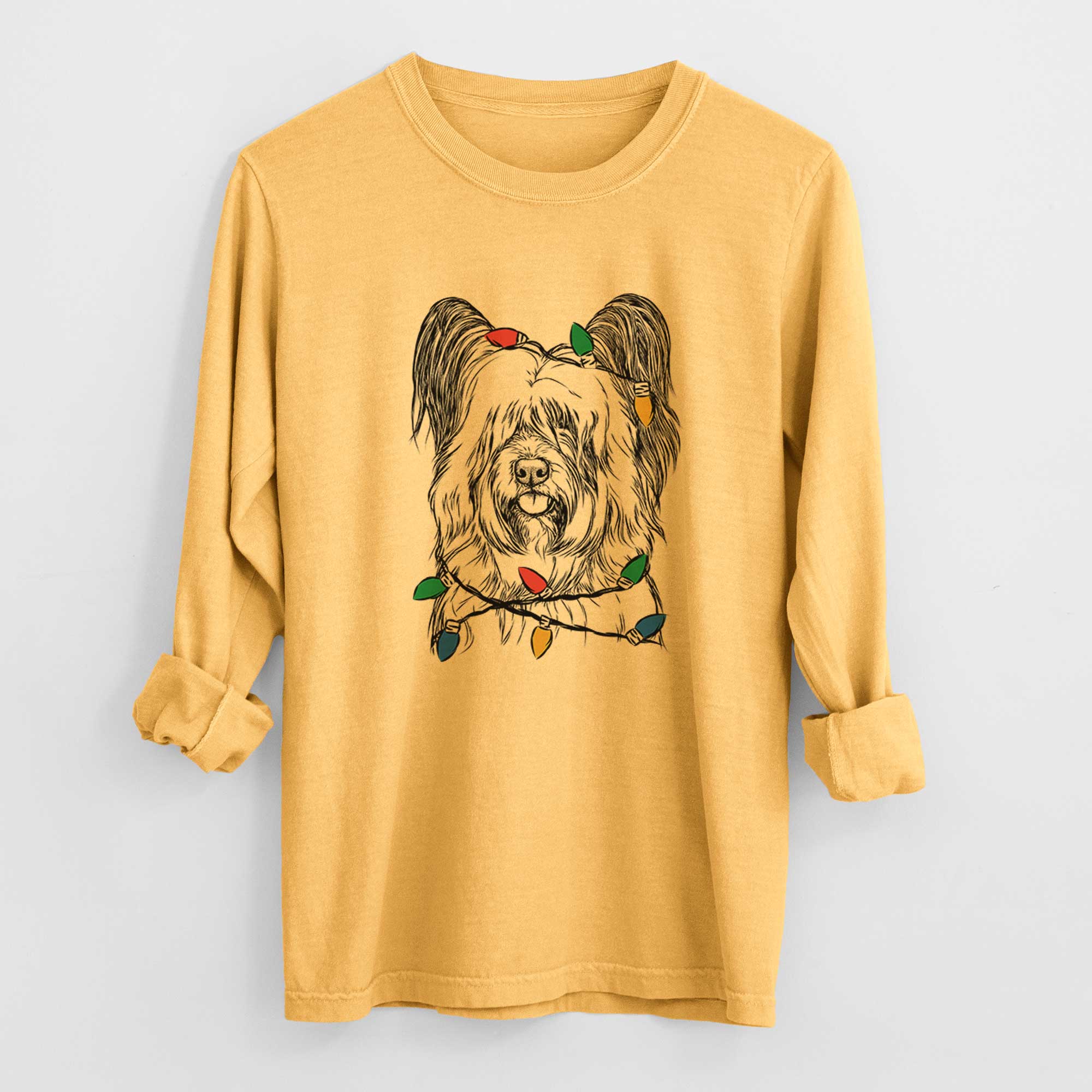 Christmas Lights Gideon the Skye Terrier - Heavyweight 100% Cotton Long Sleeve