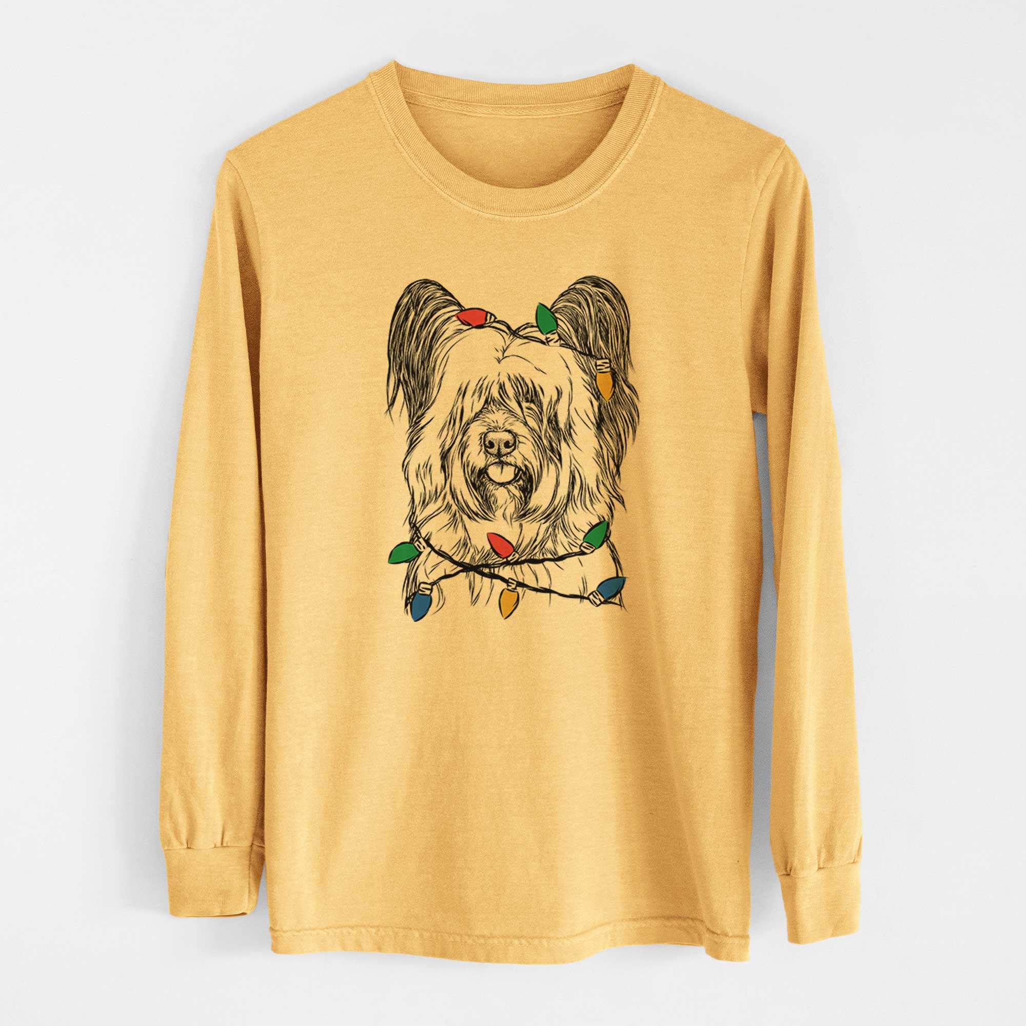 Christmas Lights Gideon the Skye Terrier - Heavyweight 100% Cotton Long Sleeve