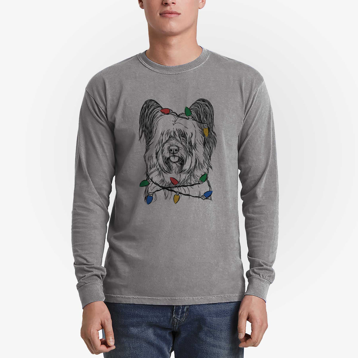Christmas Lights Gideon the Skye Terrier - Heavyweight 100% Cotton Long Sleeve