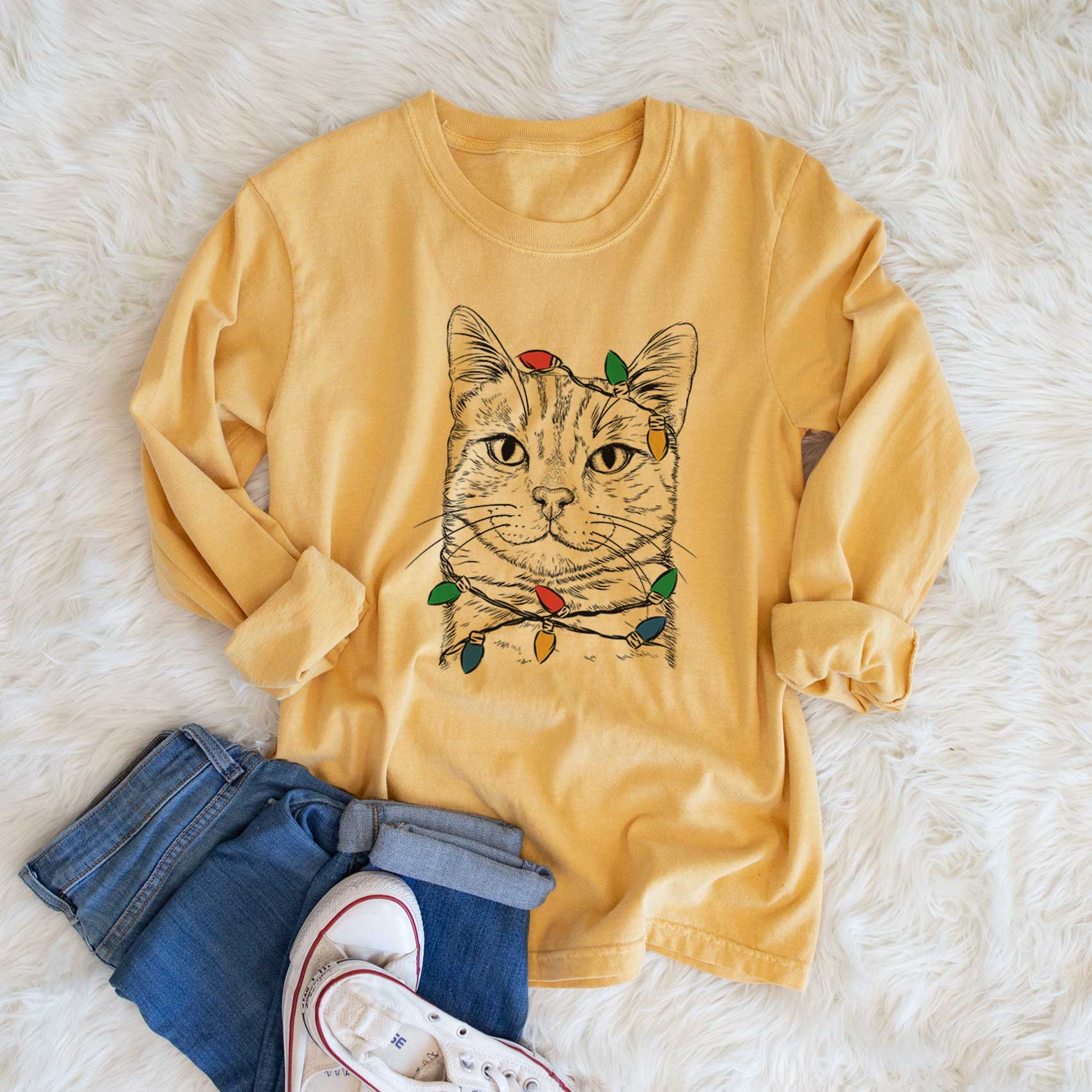 Christmas Lights Ginger Tom the Tabby Cat - Heavyweight 100% Cotton Long Sleeve