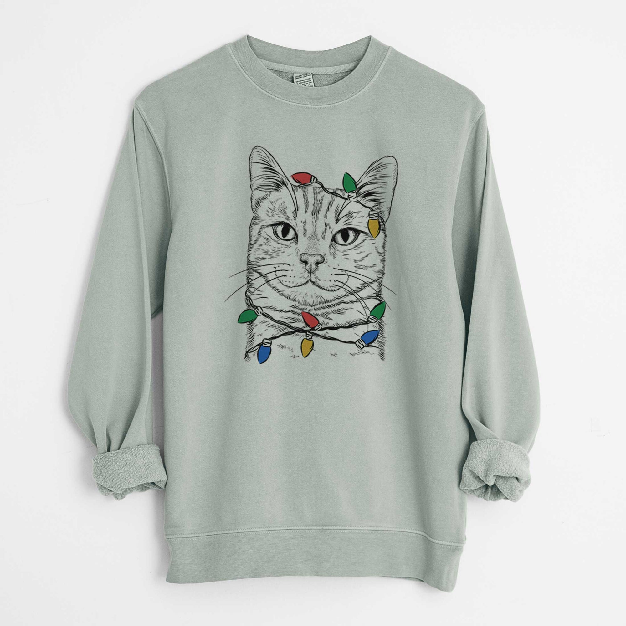 Christmas Lights Ginger Tom the Tabby Cat - Unisex Pigment Dyed Crew Sweatshirt