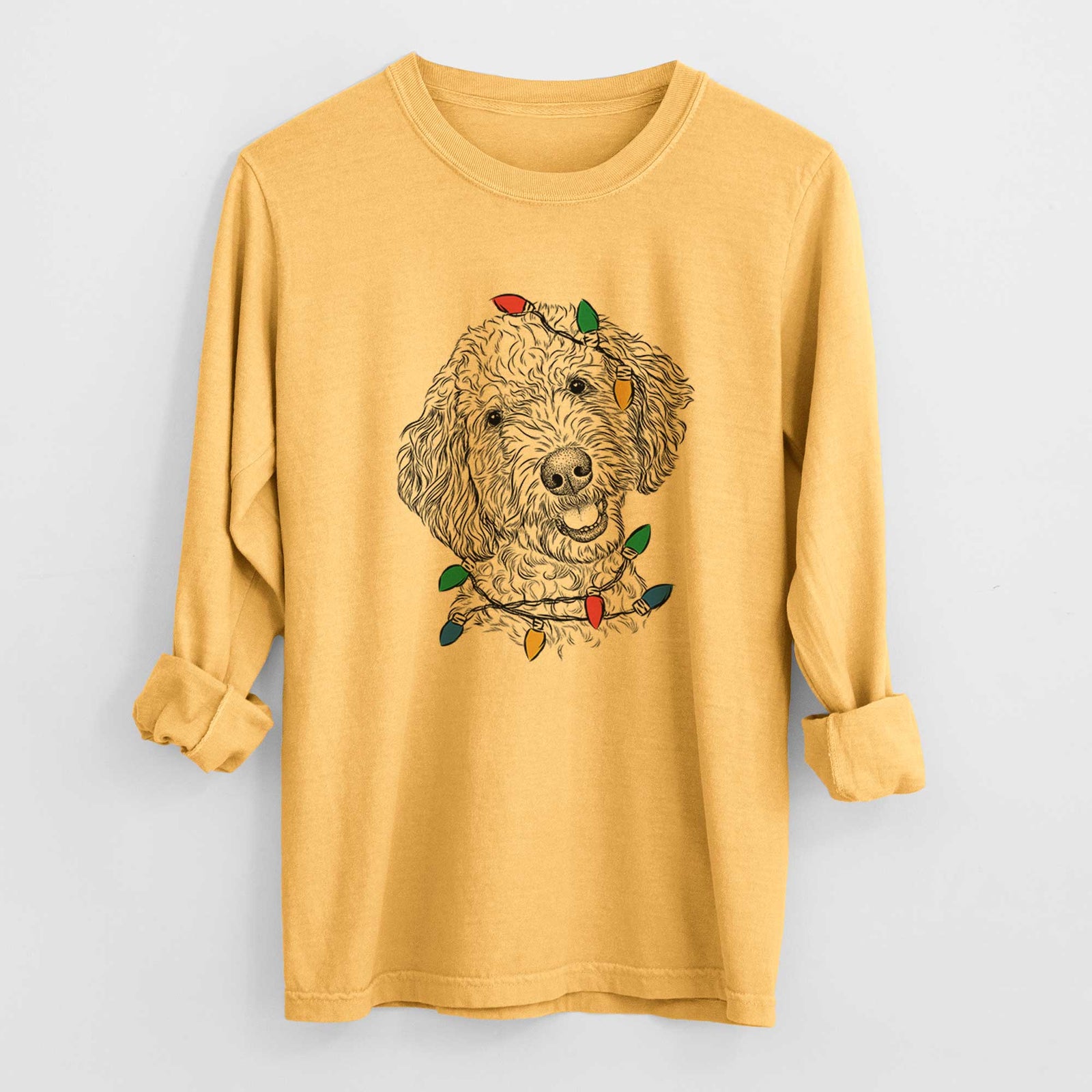 Christmas Lights Gizmo the Goldendoodle - Heavyweight 100% Cotton Long Sleeve