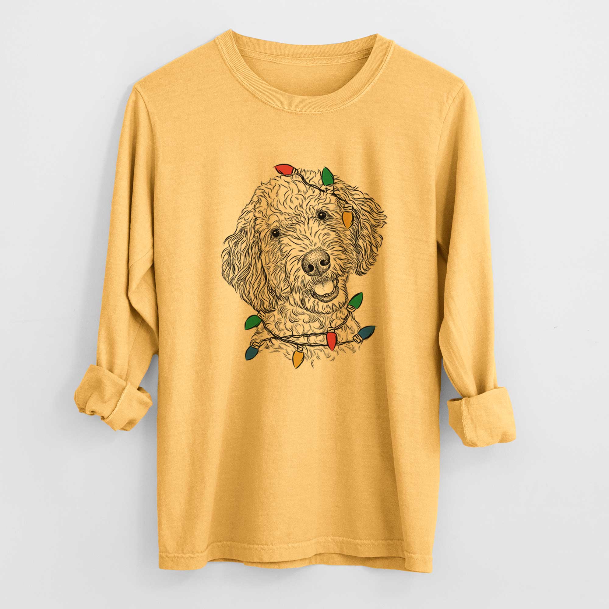 Christmas Lights Gizmo the Goldendoodle - Heavyweight 100% Cotton Long Sleeve