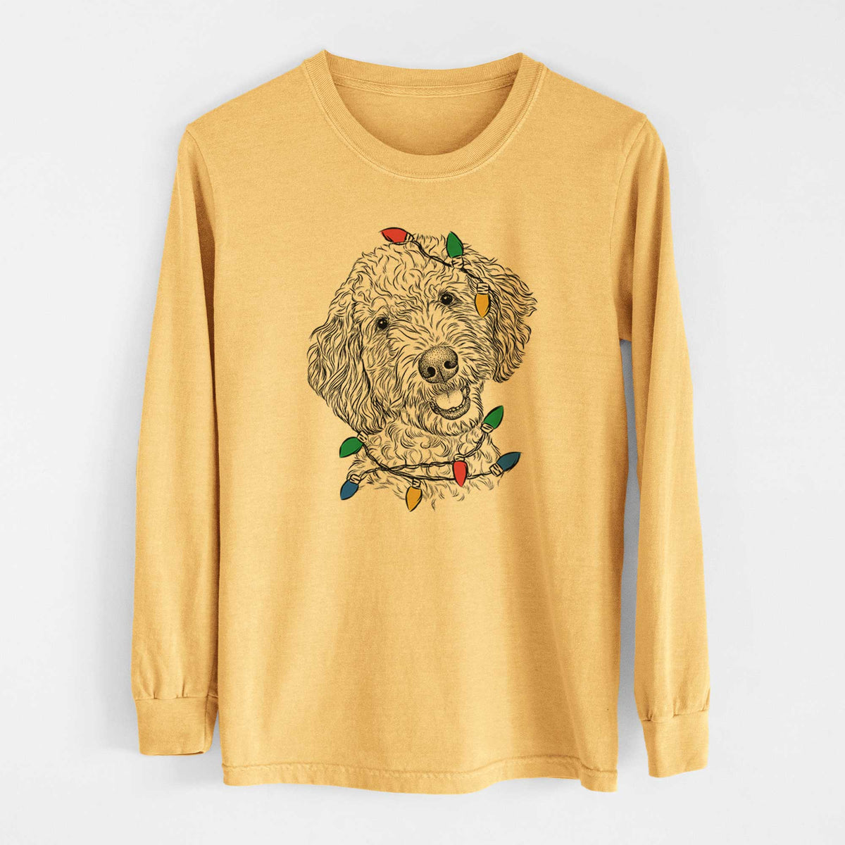 Christmas Lights Gizmo the Goldendoodle - Heavyweight 100% Cotton Long Sleeve