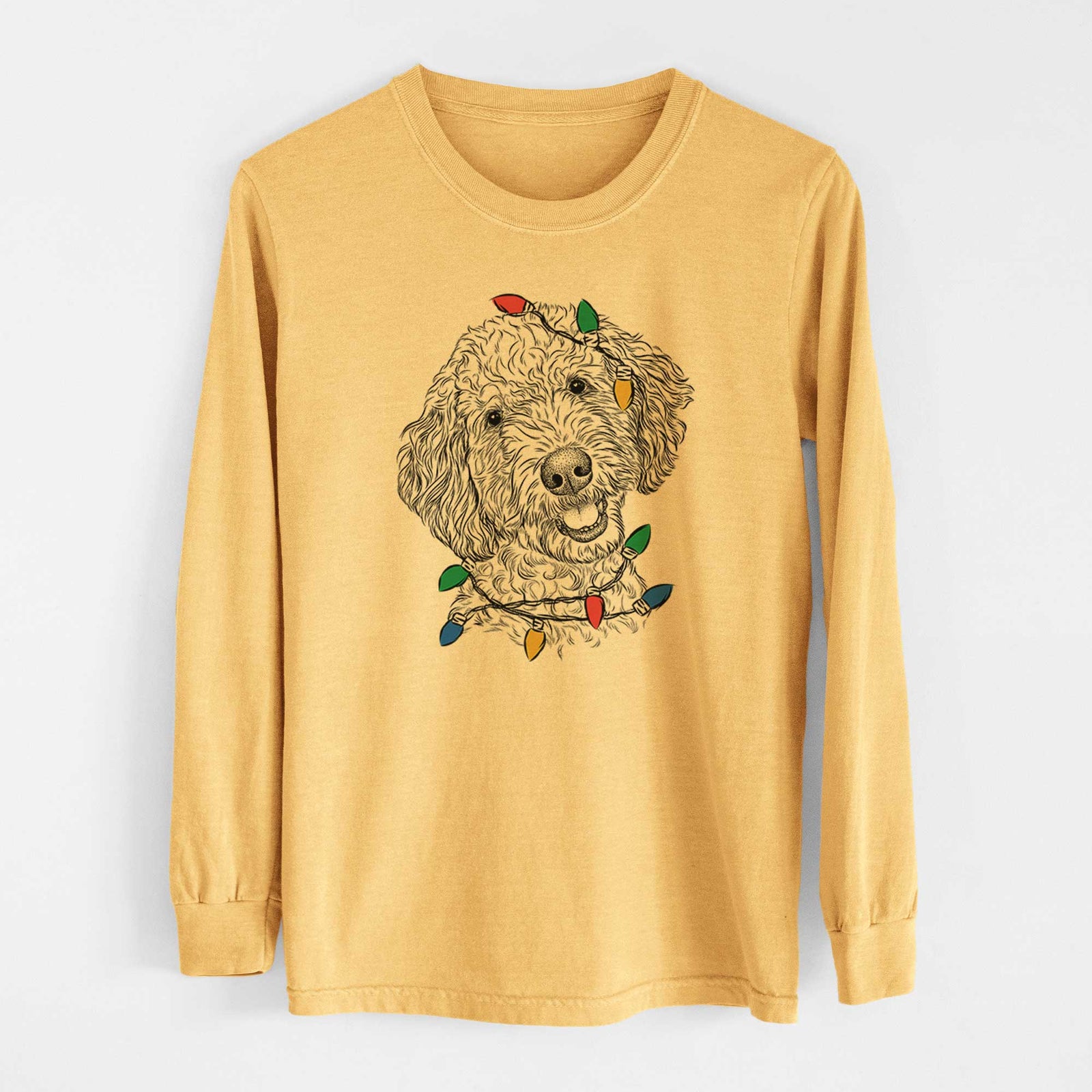 Christmas Lights Gizmo the Goldendoodle - Heavyweight 100% Cotton Long Sleeve