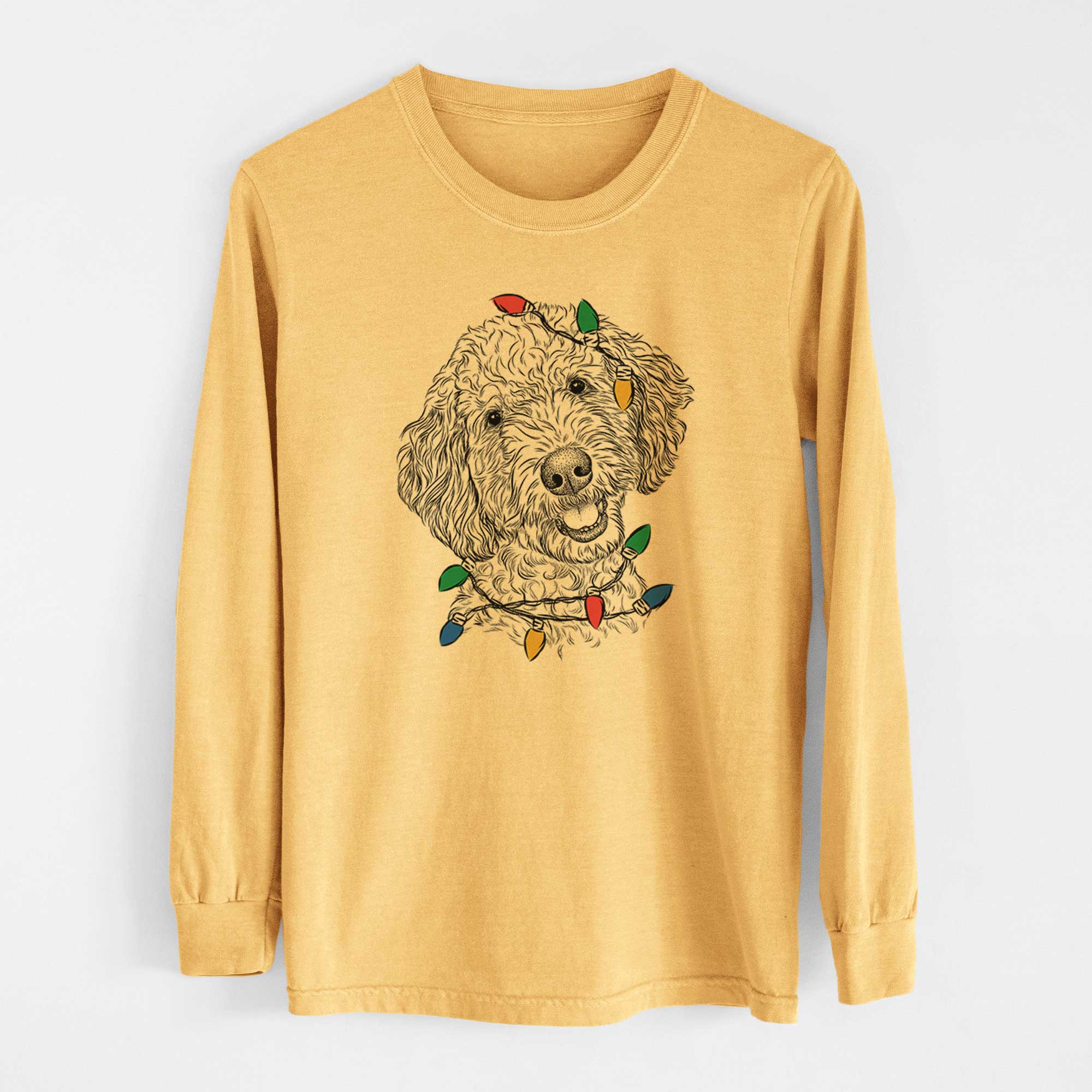 Christmas Lights Gizmo the Goldendoodle - Heavyweight 100% Cotton Long Sleeve