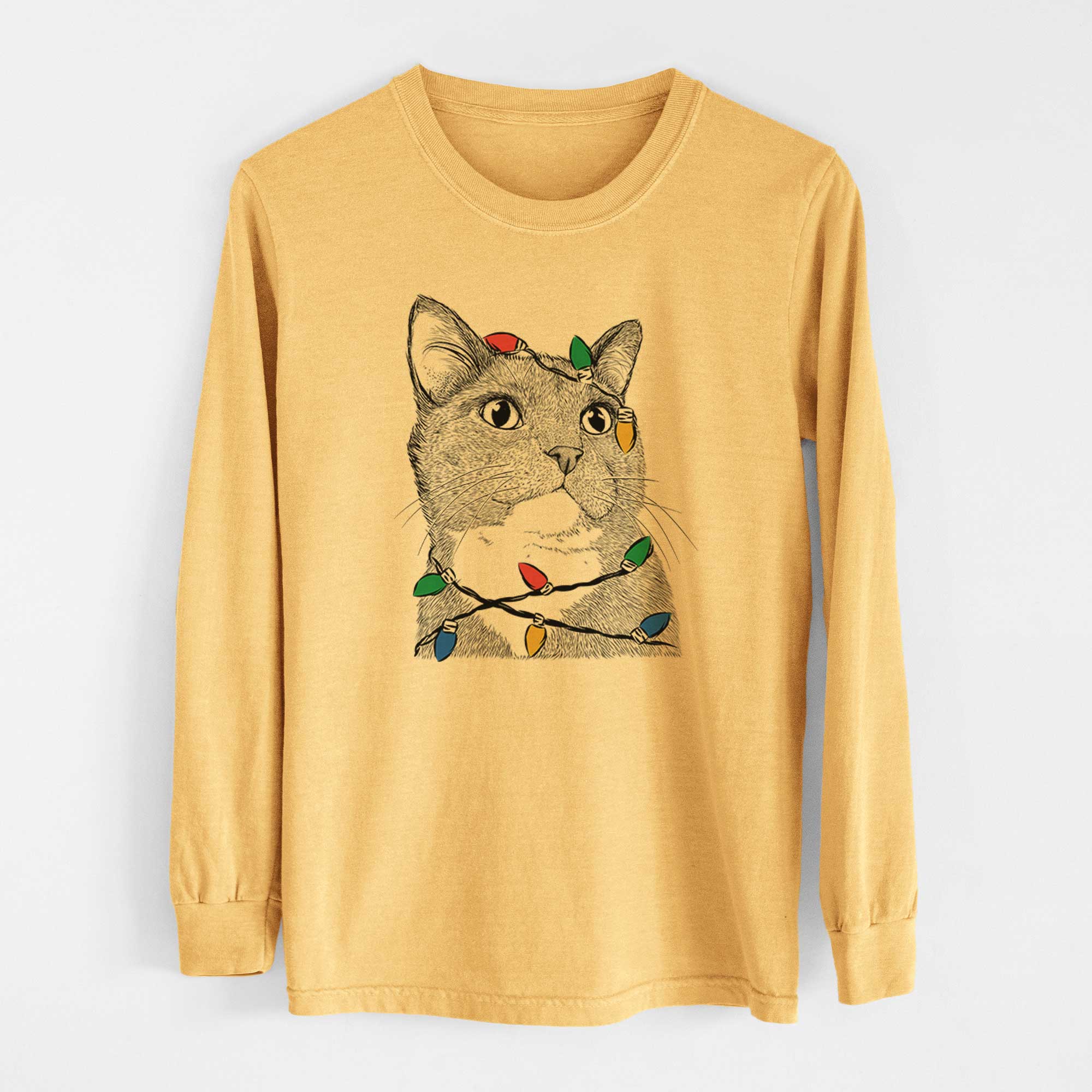 Christmas Lights Gizmo the Grey Cat - Heavyweight 100% Cotton Long Sleeve