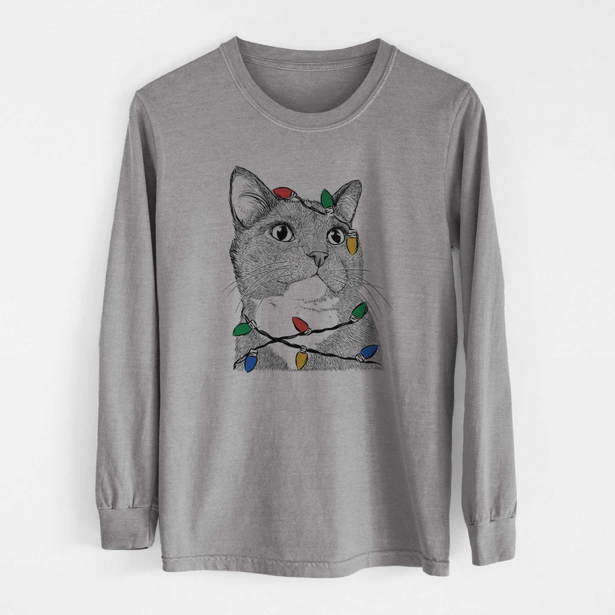 Christmas Lights Gizmo the Grey Cat - Heavyweight 100% Cotton Long Sleeve