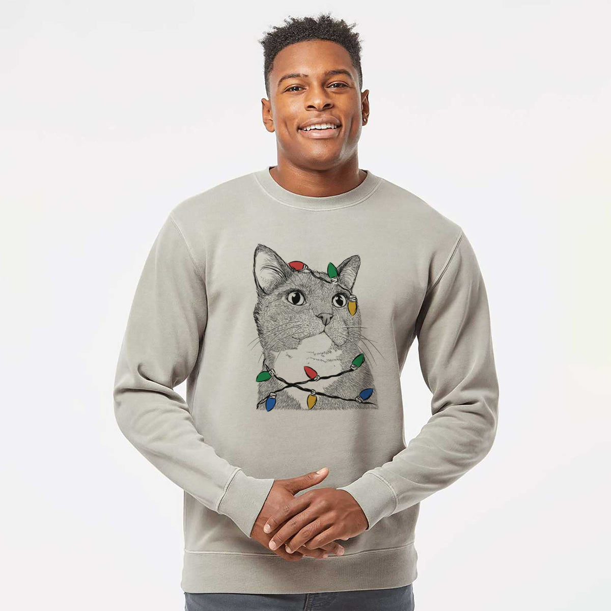 Christmas Lights Gizmo the Grey Cat - Unisex Pigment Dyed Crew Sweatshirt