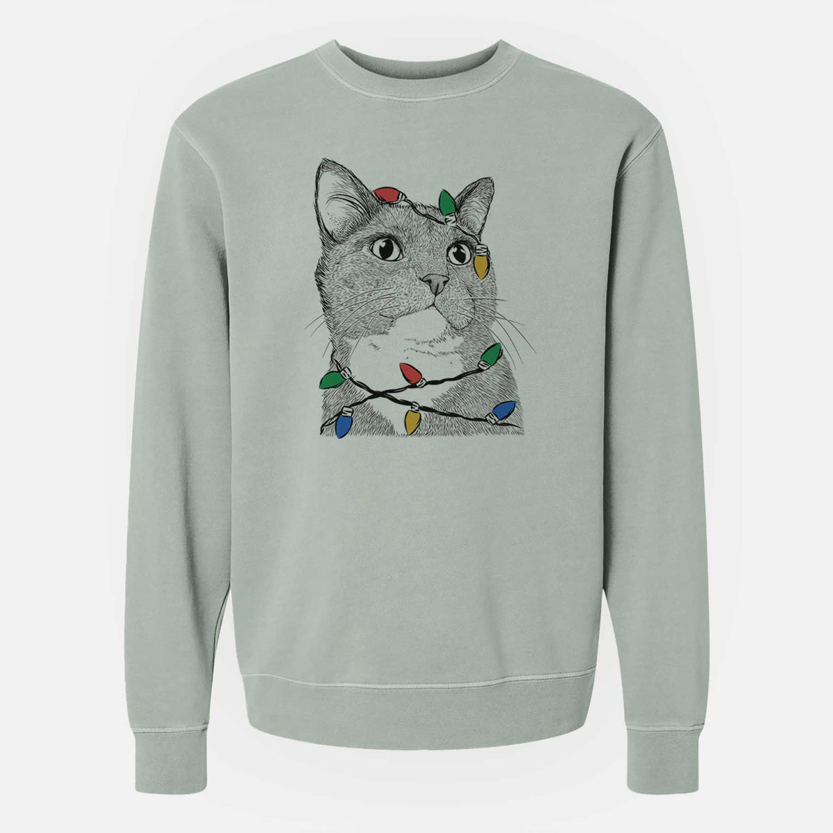 Christmas Lights Gizmo the Grey Cat - Unisex Pigment Dyed Crew Sweatshirt