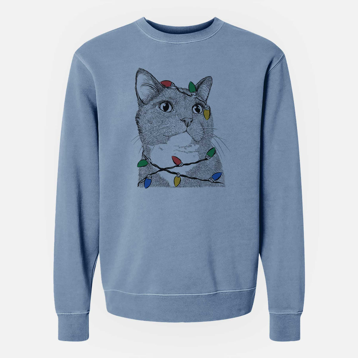 Christmas Lights Gizmo the Grey Cat - Unisex Pigment Dyed Crew Sweatshirt
